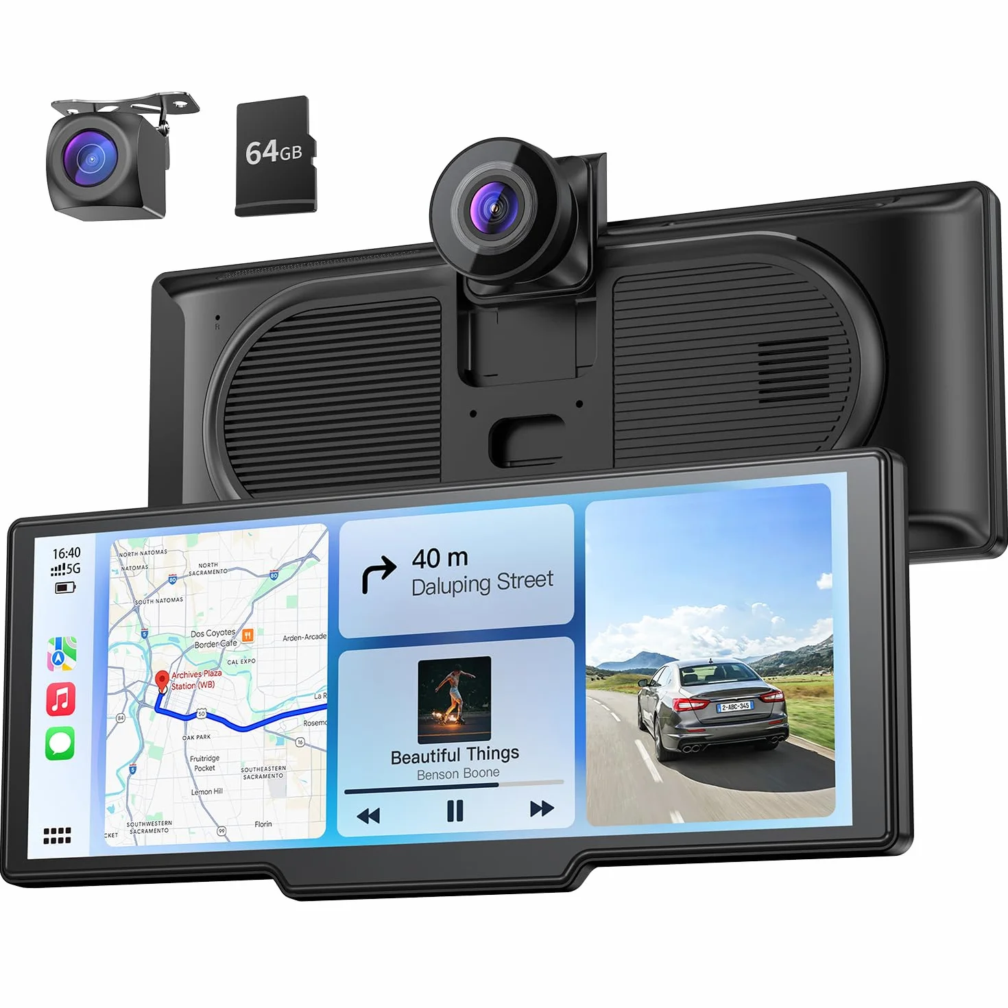 9,26" Drahtloses Tragbarer Car Play Display mit 4K-Front- & HD-Rückfahr-Dual-Dashcam für Apple CarPlay & Android Auto mit OTA-Updates, Mirror Link, Bluetooth 5.0, Sprachsteuerung, GPS, FM