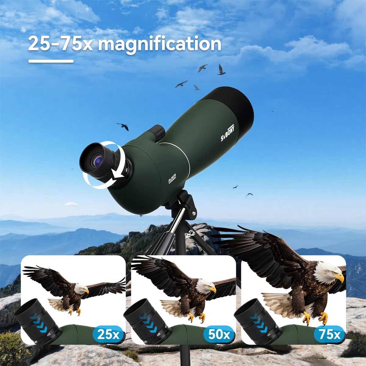 Svbony SV28 25-75x70 Spektiv mit SC002 WiFi Spektiv Kamera, Stativ, HD BAK4 Prisma FMC Handy Adapter Wasserdicht Tragetasche, Spektive für Sportschützen Vogelbeobachtung Natur-Fotografie
