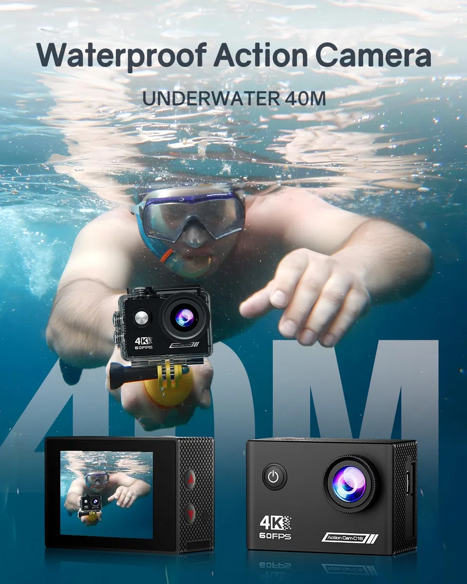 4K60FPS Action Kamera, 40M wasserdichte Action Cam Unterwasserkamera mit 64 GB SD-Karte, 6-Achsen-Stabilisierung, Motorradkamera mit 8-Fach-Zoom und 2,4-GHz-Fernbedienung, Helmzubehör