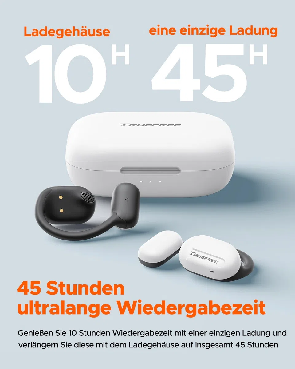 truefree O1 Open Ear Bluetooth 5.3 Kopfhörer, kabellose Ohrhörer mit dynamischen 16,2mm Audiotreibern, ENC, immersiver Stereoklang, 4 Mikrofone, 45 Stunden Spielzeit für Sport Workout Gaming (weiß)