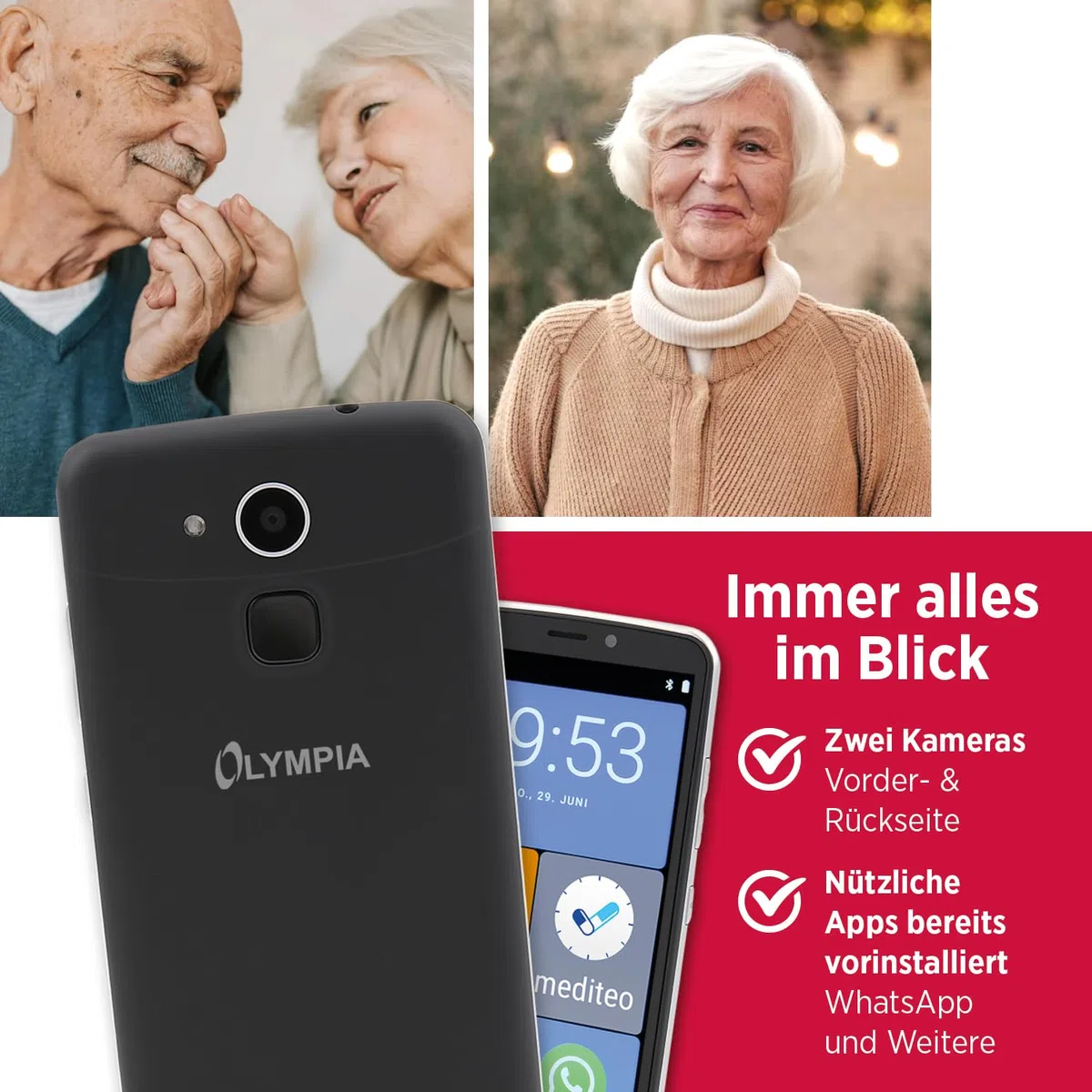 Olympia NEO+ schwarz Seniorenhandy | Senioren Smartphone mit großem Display & Notruftaste | Extra einfache Bedienung | Seniorenhandy mit Whatsapp | Android 15 | Senioren Handy 4G LTE |Seniorenhandys