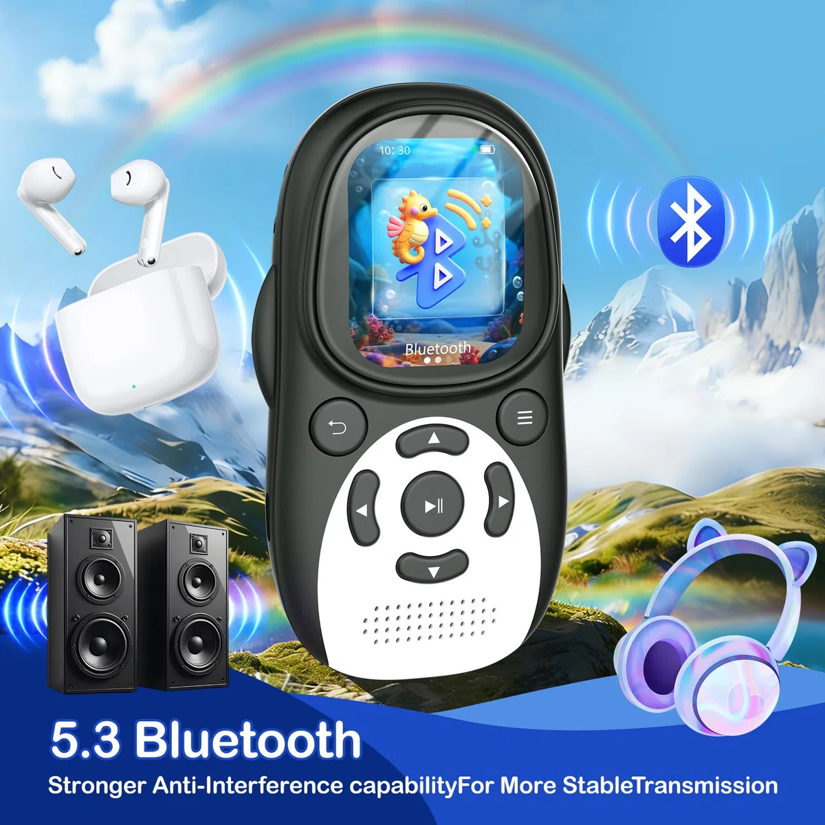 64GB MP3 Player Kinder, Bluetooth 5.3 Lautsprecher Pinguin Design Tragbarer Musikplayer mit 2" IPS Bildschirm, FM Radio, Sprachrecorder, Wecker, 128GB Erweiterbar