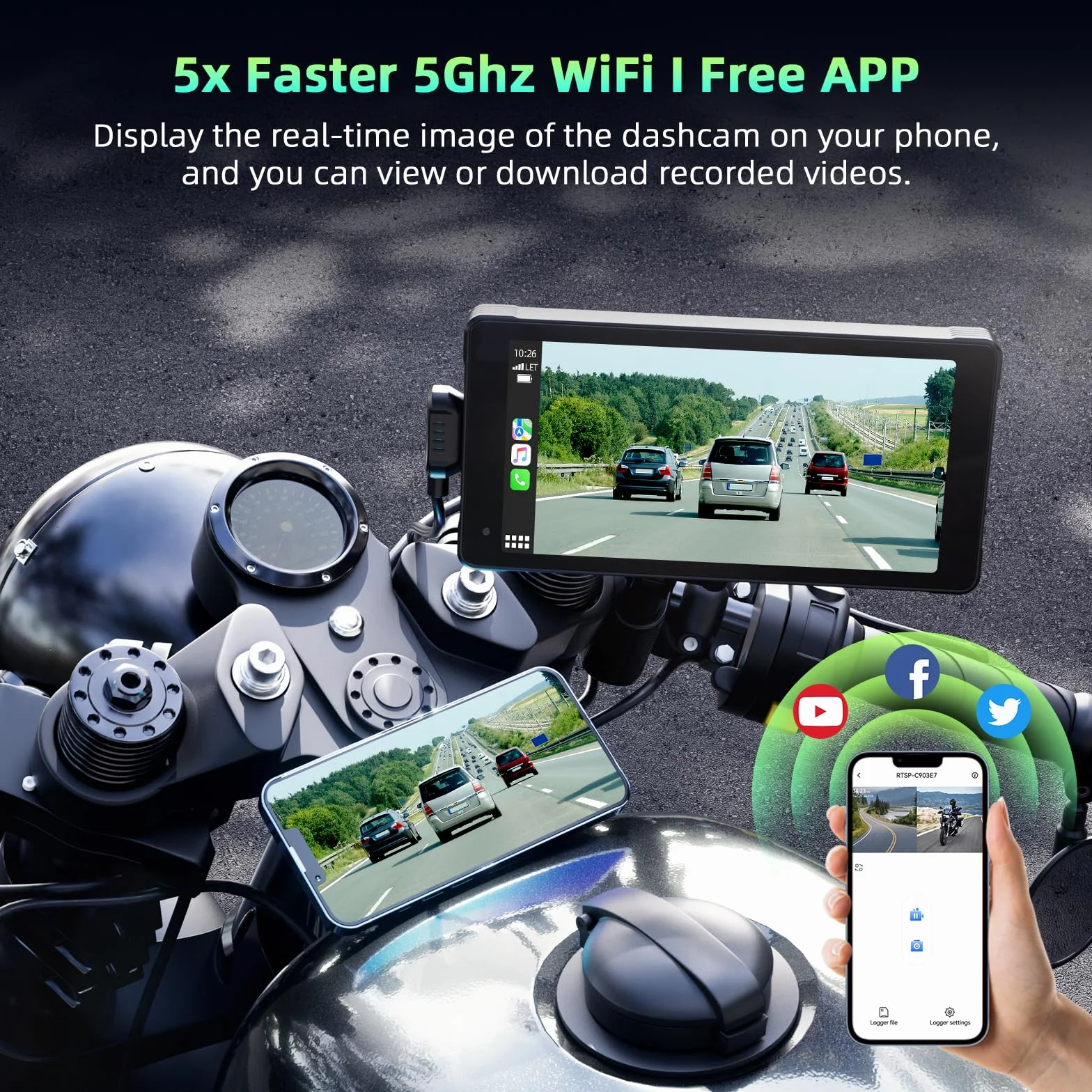Volam Carplay Motorrad Android Auto, tragbares Display mit Dashcam, 2K+1080P, 5,5 Zoll Wasserdichter Touchscreen, Navigation, Siri/Google Assistant, APP, 64TF-Karte