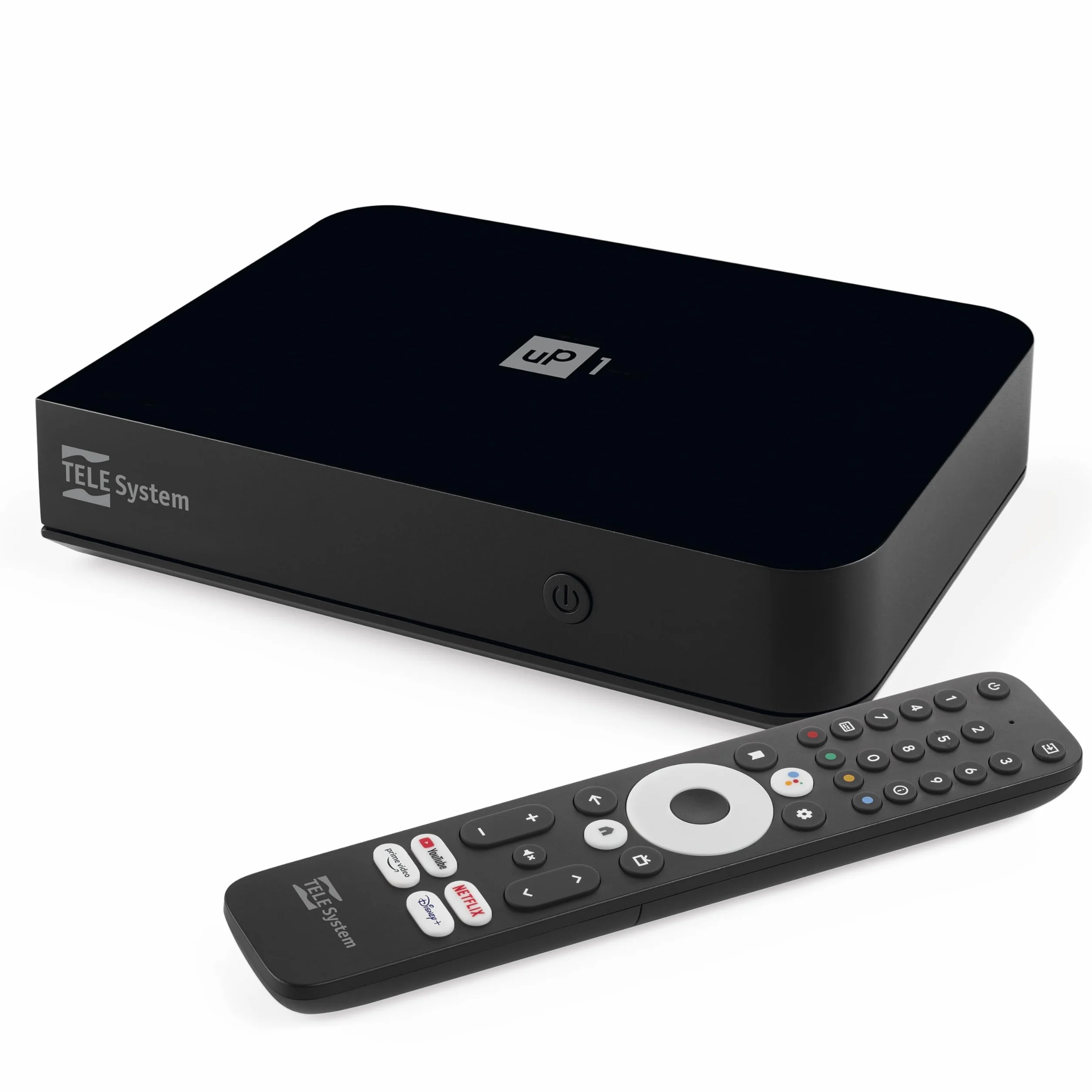 TELE System UP1 Digitaler terrestrischer Decoder Android TV Ultra HD, Netflix Zertifiziert, Prime Video, Disney+, Chromecast eingebaut, DVB-T2 HEVC, HDR10+ HLG, AV1, HDMI/SCART.