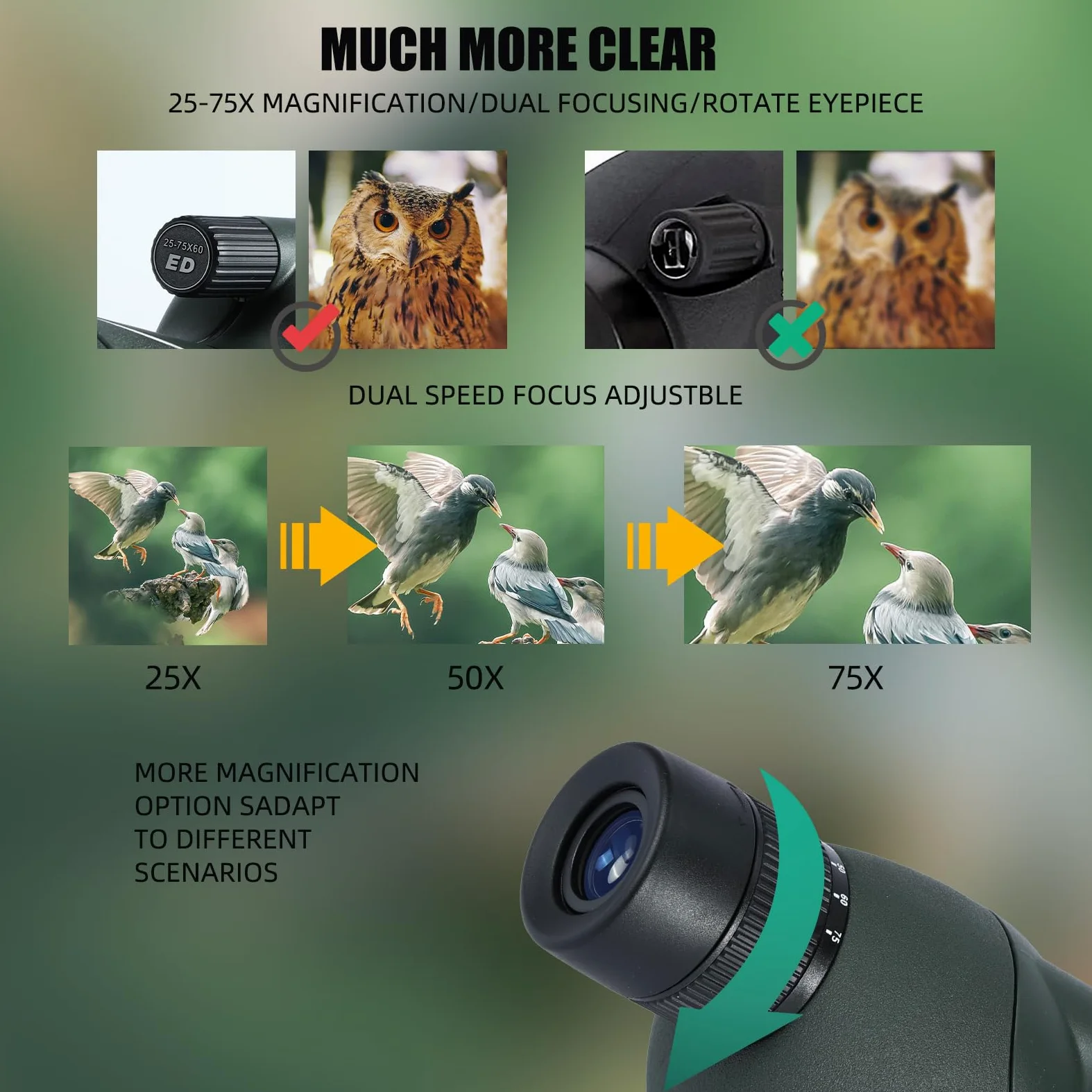25-75X Spektive mit Stativ, Zoom Wasserdichtes BAK4 Prisma-Monokular-Teleskop für Vogelbeobachtung, Zielschießen, Wildtiere, Jagd und Landschaft, mit Telefonadapter und Hülle