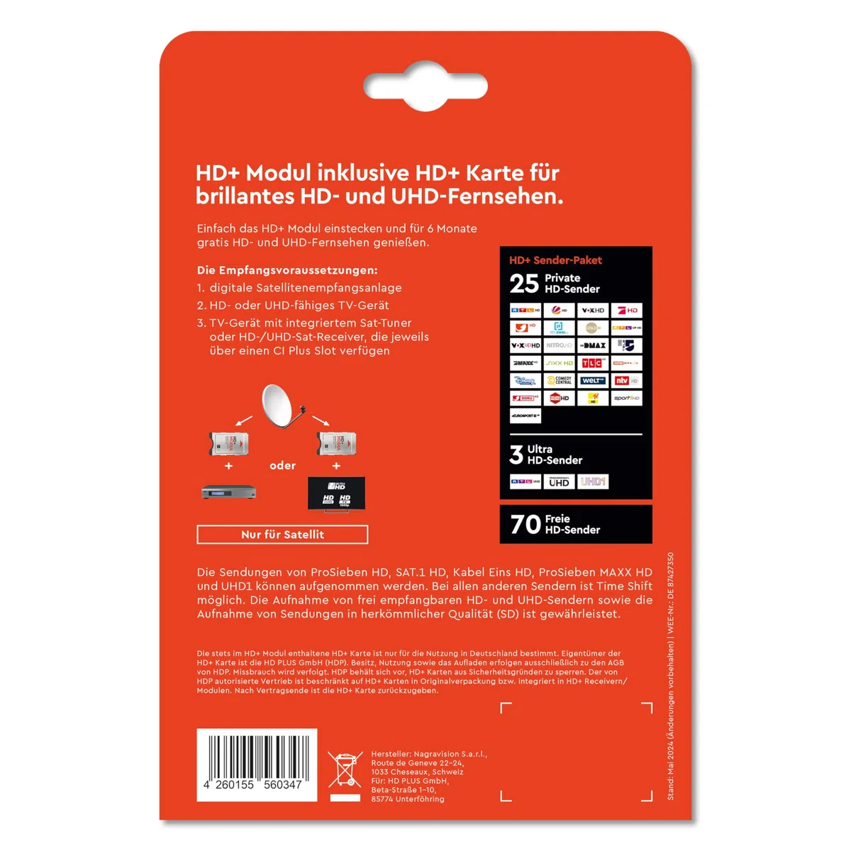 HD+ b-Ware Modul für Satelliten-TV CI+ | inklusive 6 Monate HD+ Sender-Paket | 25 Private Sender, 3 UHD-Sender, 70 frei empfangbare Programme | kein ABO | kompatibel mit Fernseher oder Sat-Receiver