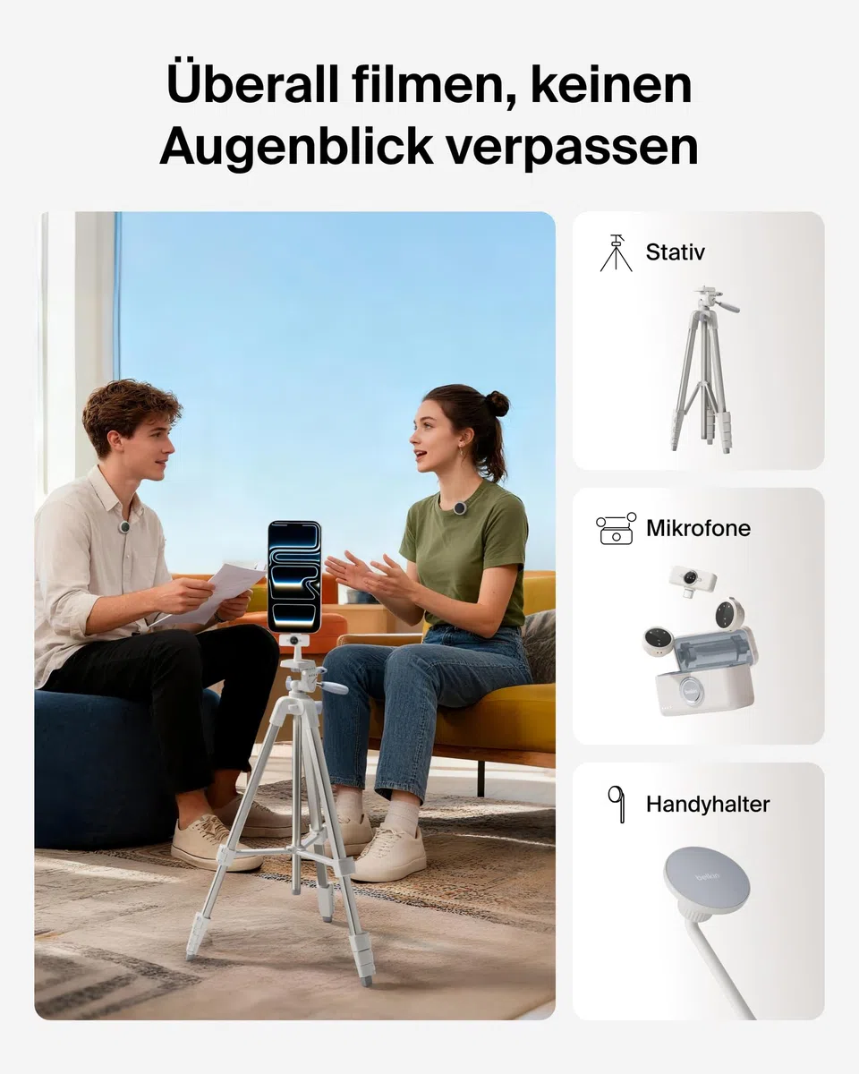 Belkin Stage Creator Kit, Vlogging-Kit, Stativ für Smartphone, magnetische Handyhalterung, Zwei kabellose Mikrofone, Set für Vlogger, für iPhone, Android, TikTok, YouTube, Streaming, Instagram