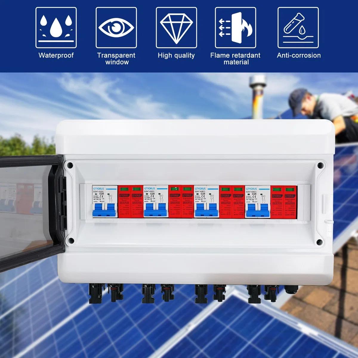 Überspannungsschutz PV DC Trennschalter Blitzschutz Leitungsschutzschalter DC 4 String 500V 25A Solar Spannungsschutz IP65 Wasserdicht Solar Anschlusskasten für Photovoltaik (4 in 4 out）