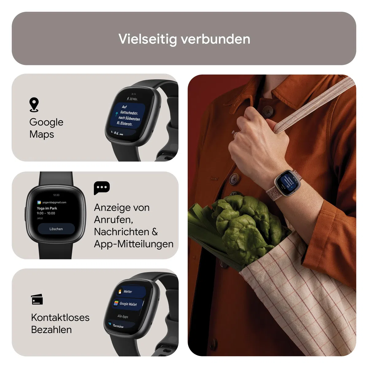 Google Fitbit Versa 4 Smartwatch Fitness-Tracker GPS Telefonfunktion 6 Tage Akkulaufzeit 40+ Trainingsmodi kompatibel Android iOS