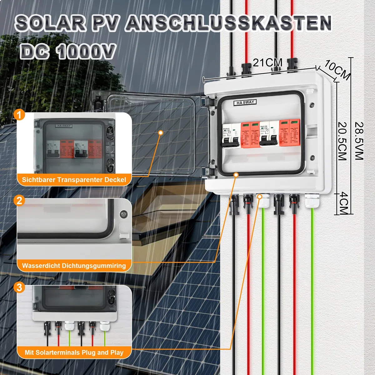 Warmfay Überspannungsschutz PV DC1000V Blitzschutz Leitungsschutzschalter 32A DC Trennschalter PV Anlage 2 String, IP65 Wasserdicht & UV-Beständig Solar Anschlusskasten 2 in 2 out