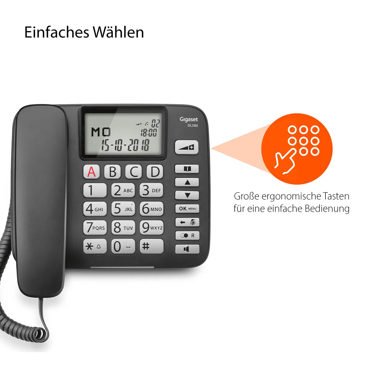 Gigaset DL580 - schnurgebundenes Senioren Telefon - Tischtelefon mit extra leichter Bedienung und beleuchtetem Farbdisplay, schwarz