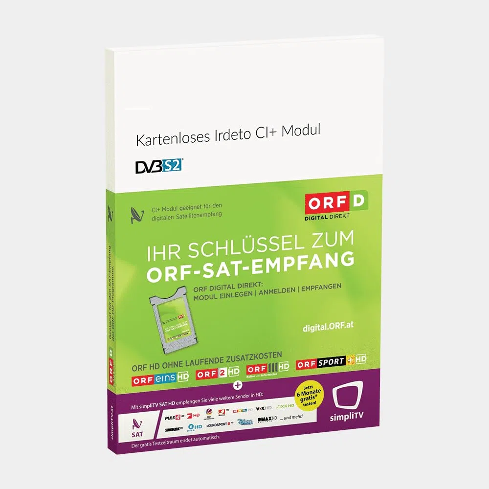 ORF DIGITAL DIREKT Irdeto CI+ Modul für Sat (Kartenlos, Keine Karte notwendig) mit 3 Monate SimpliTV, NUR FÜR ÖSTRREICH GEEIGNET, für CI+ Fernseher & Sat Receiver, bei Regiestrierung 5 Jahre gültig