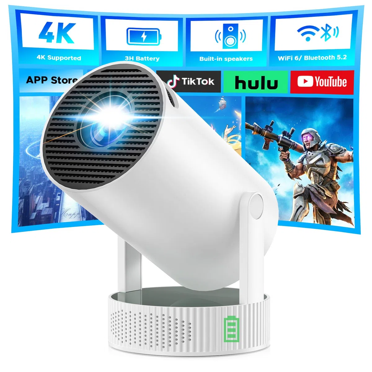 4K Mini Beamer mit Akku, Android 11.0, WiFi 6 Bluetooth 5.2, 220° Rotation, Auto Keystone – Tragbarer Projektor für Heimkino & Outdoor