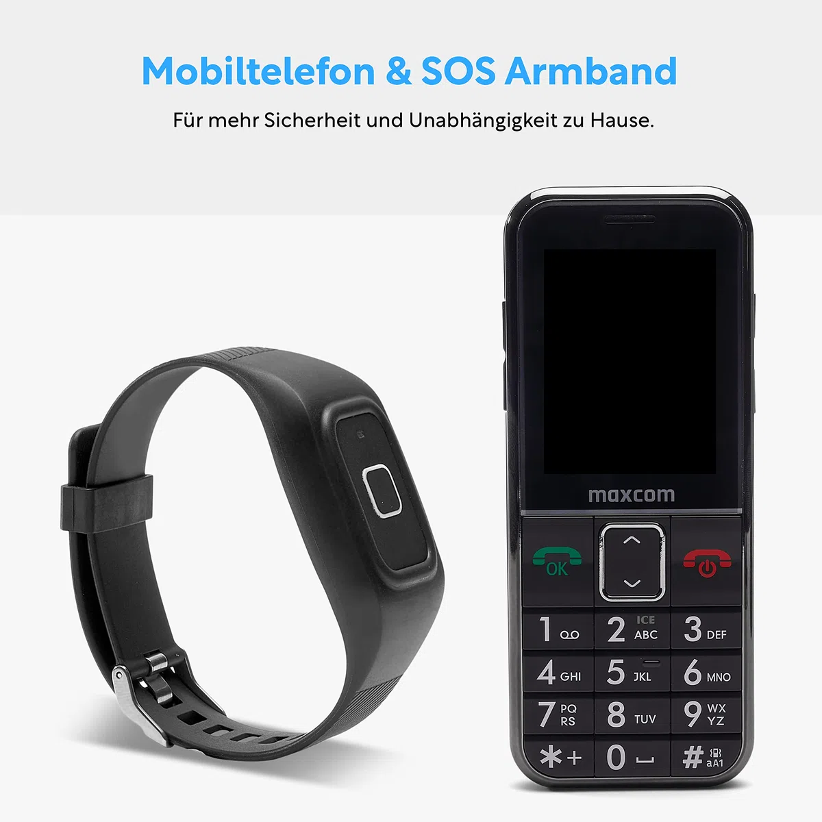 MaxCom MM735BB: Seniorenhandy mit wasserdichtem Notrufarmband und GPS Ortung ohne Vertrag, Hausnotruf Handy für Senioren, Helpline Firmware
