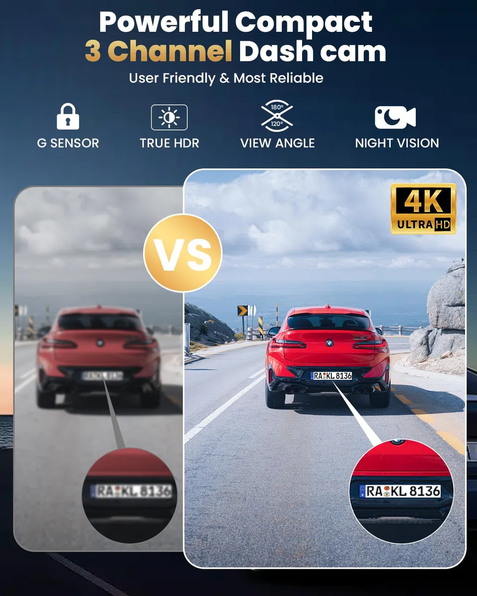 3-Kanal 4K dashcam Auto und Rückfahrkamera, kabellose 4K-Dashcam für Autos, 4K+1080P+1080P Auflösung, integriertes Wi-Fi & App, G-Sensor, Nachtsicht, inkl. 64GB SD-Karte