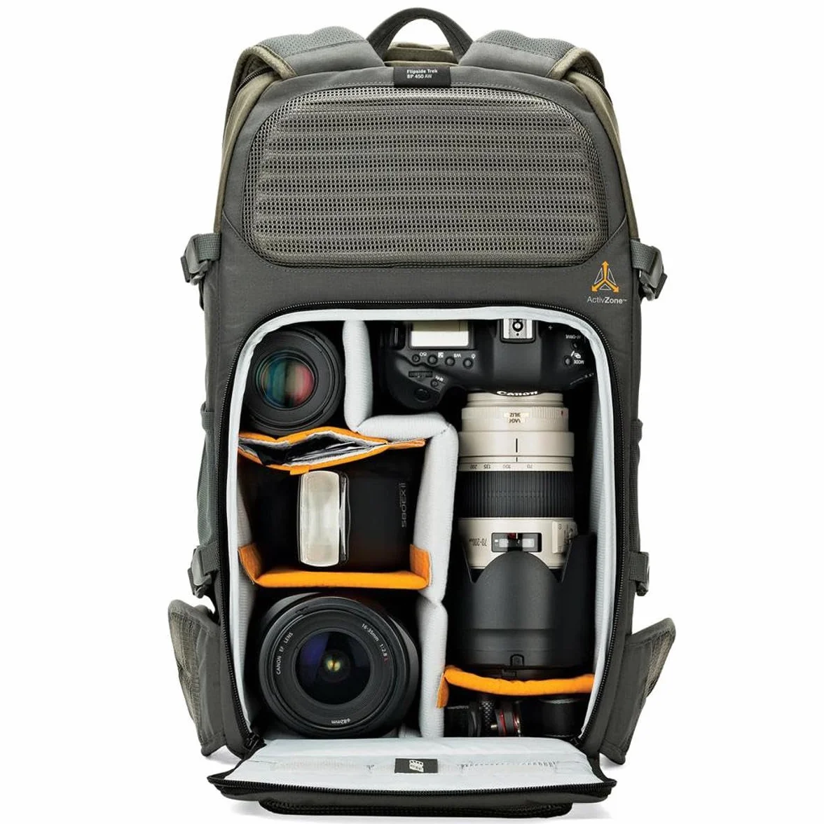 Lowepro Flipside Trek 450 Rucksack, Kamerarucksack für DSLRs und mehrere Objektive, Kamerarucksack für Laptop, Tablet, Fotozubehör, Stativ, grau, 17 x 26 x 31 cm