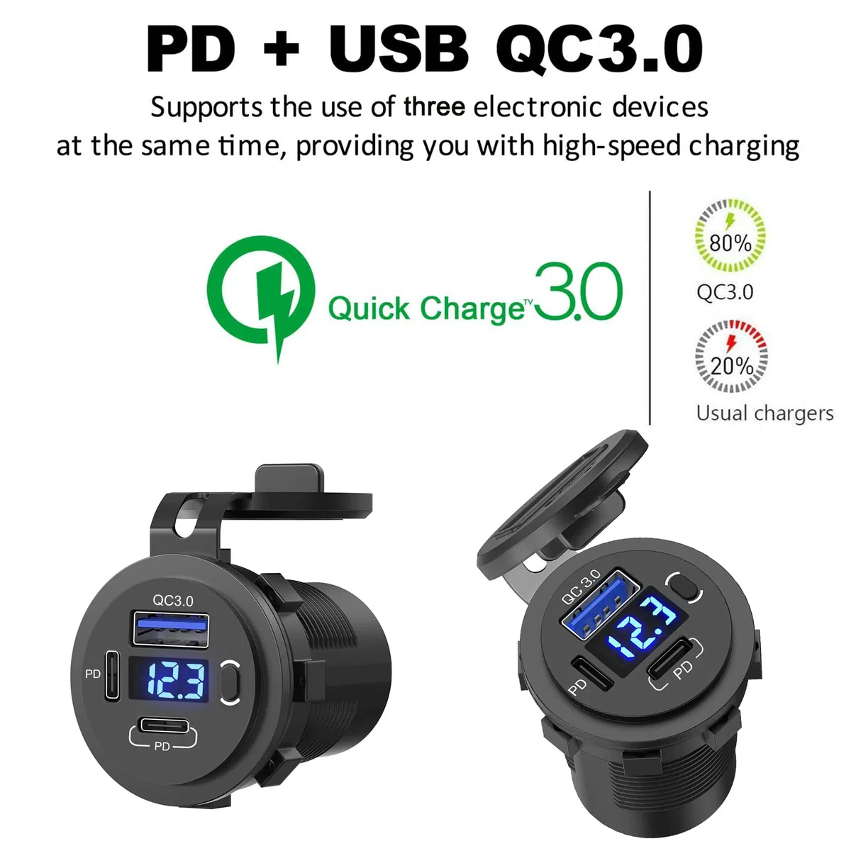 12 V USB-Steckdose USB C Kfz-Ladegerät Buchse (2PD + 1QC)