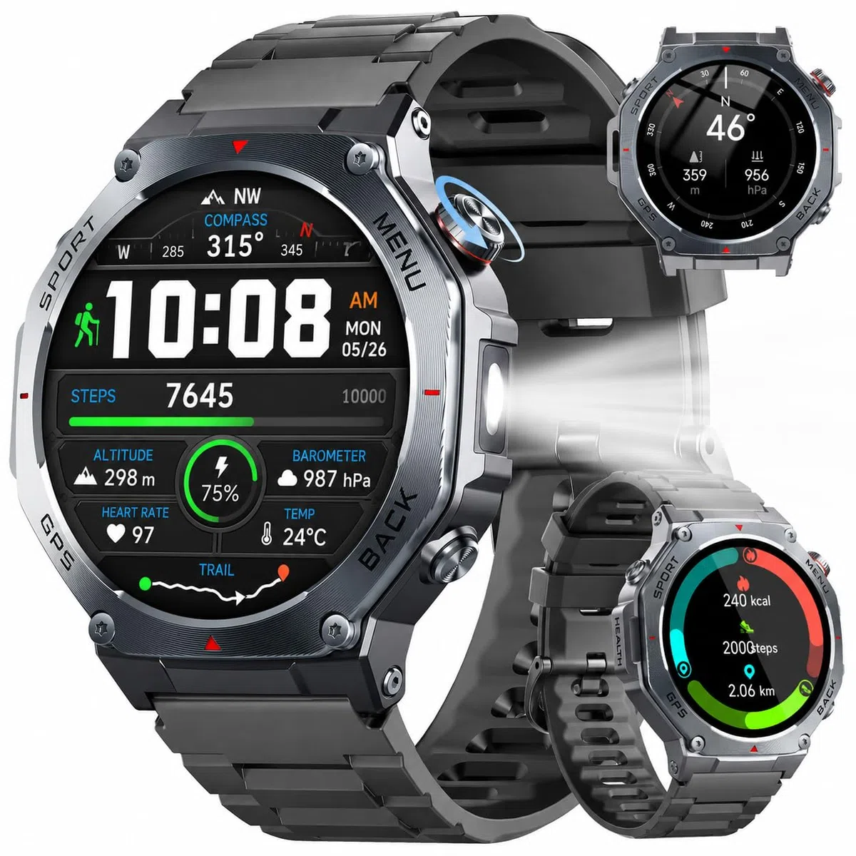 Smartwatch Herren GPS, 2026 Militär Fitnessuhr Sportuhr, 1.43''Fitness Tracker Smart Watch mit 24/7 Herzfrequenz/Schlafmonitor/Schrittzähler, 5ATM Wasserdicht, 170+ Sportmodi Outdoor für iOS Android