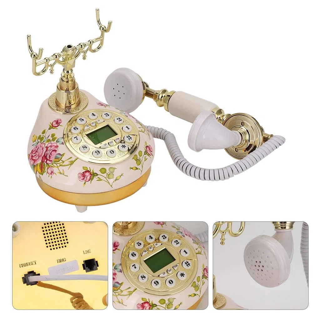Antikes Festnetztelefon im europäischen Stil für Privathaushalte, Vintage Retro Multifunktions-Telefon aus rosa Keramik mit runder Basis für die Dekoration, Anrufer-ID