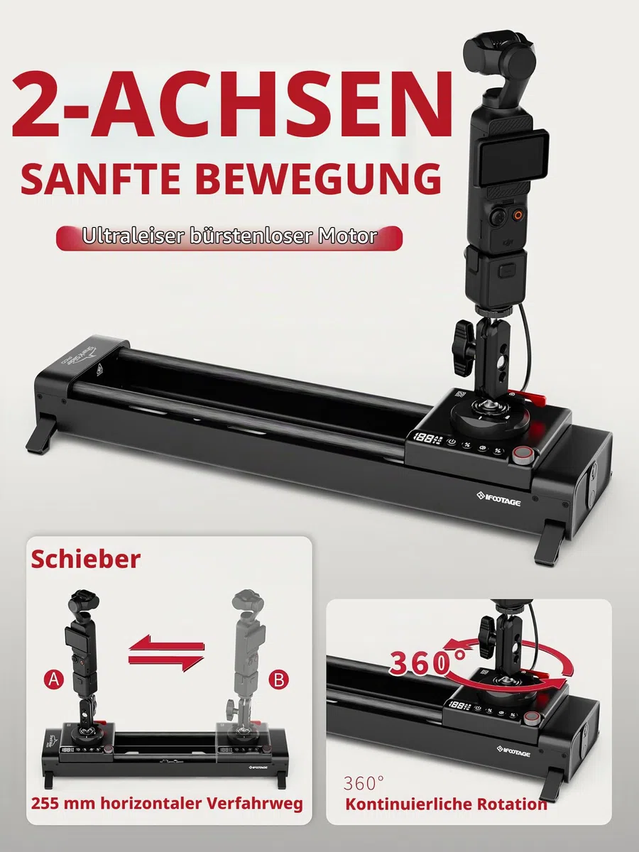 IFOOTAGE Pico Motorisierter Kameraschlitten, 2-Achs-Schlitten mit 360°-Drehung, NFC, APP-Steuerung, Zeitraffer, Stop-Motion, Kompatibel mit DJI Pocket 3/Action 5/6, für Vlog,Videoaufnahme