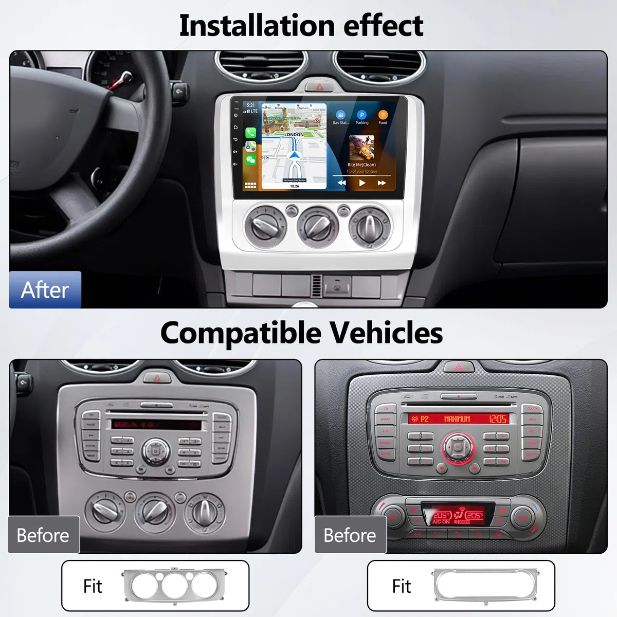 Android 13 2 Din Autoradio für Ford Focus Mk2/Mk3 2004-2011 mit Carplay Android Auto, 9 Zoll HD Touchscreen Radio Player mit Bluetooth WiFi GPS FM EQ Mirror Link