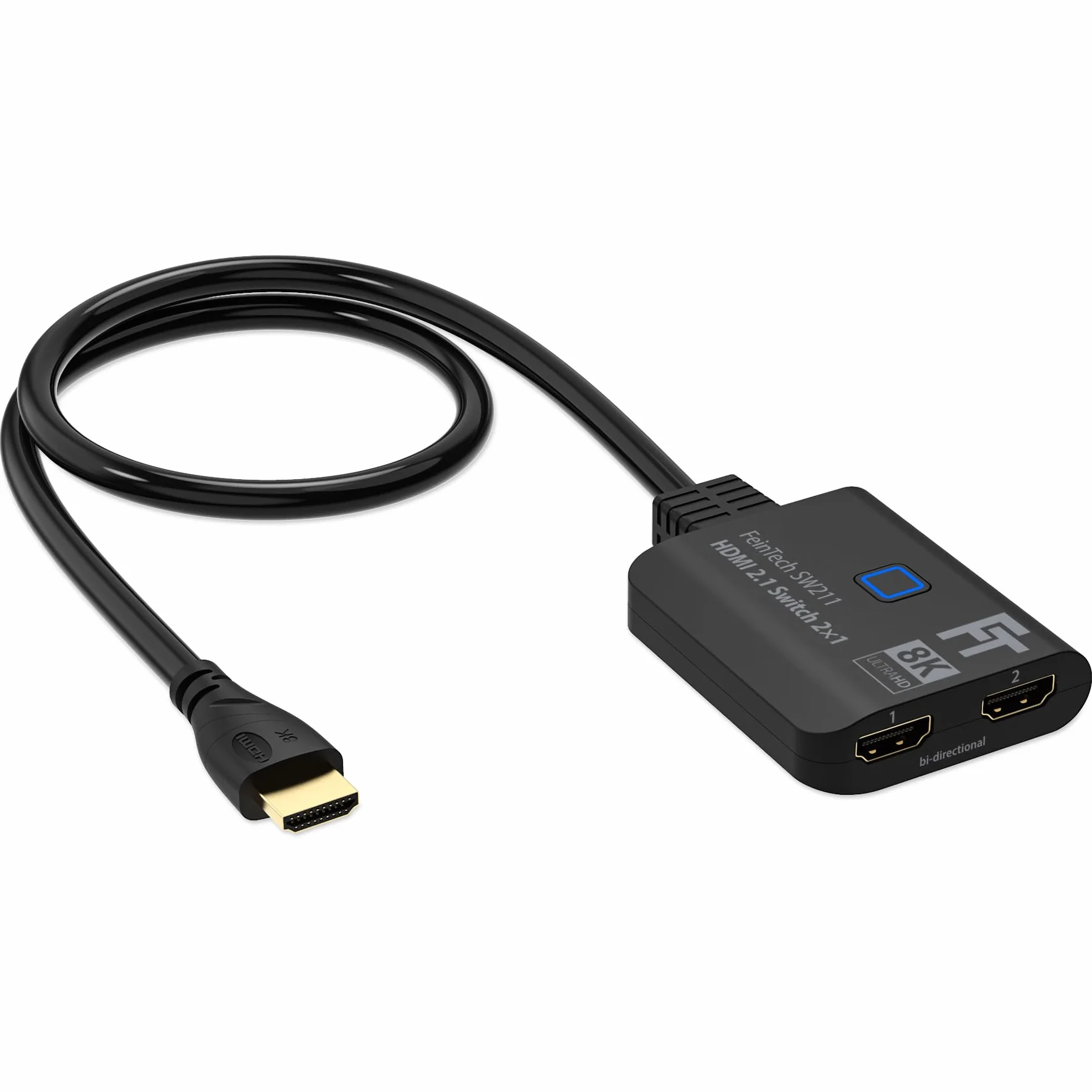 FeinTech SW211 HDMI 2.1 Switch 4k 120Hz 2 in 1 Out oder 1 in 2 umschaltbare Ausgänge (bidirektional) mit integriertem HDMI-Kabel, 8K, 48Gbps, unterstützt HDR, VRR, ALLM und Dolby Vision