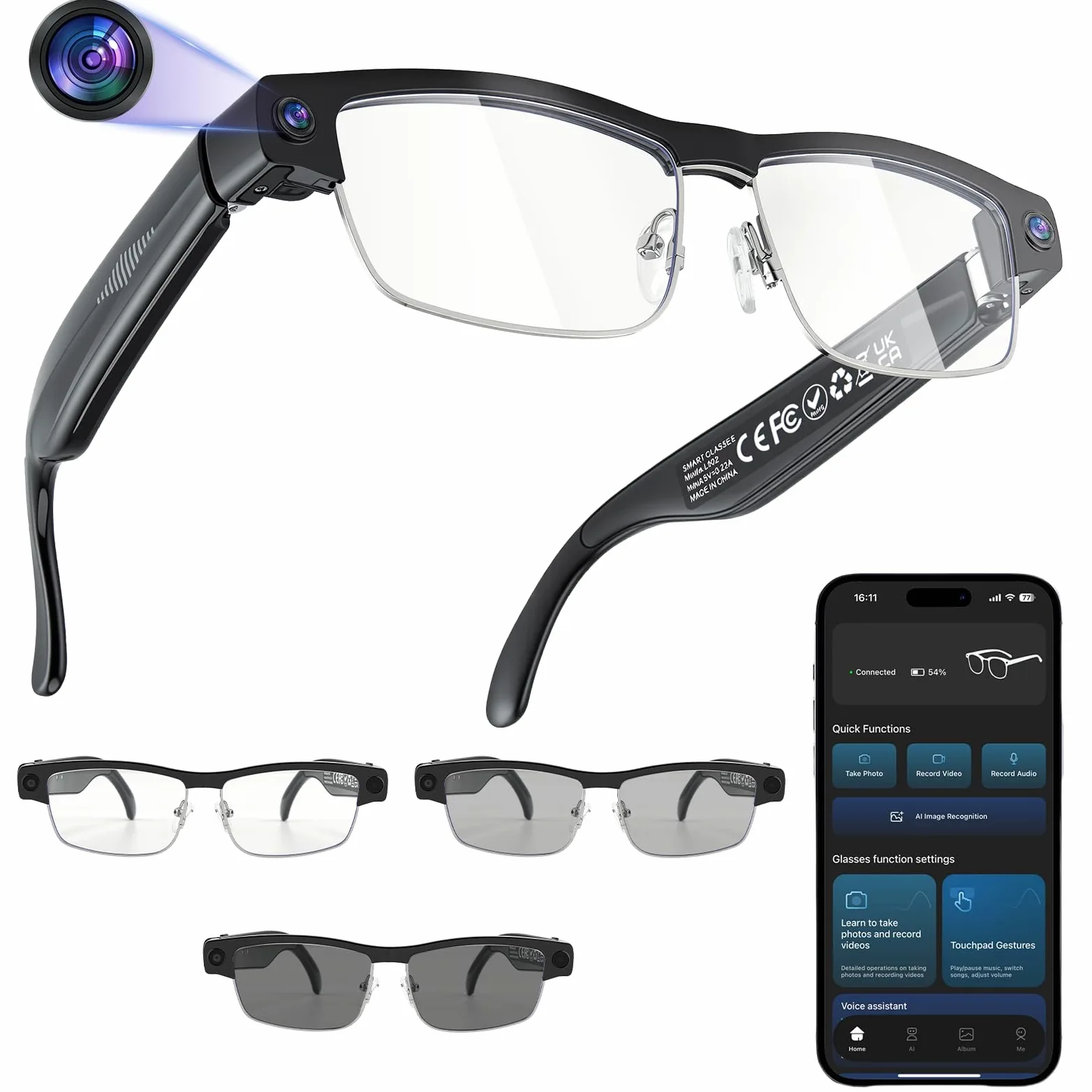 AI Smart Glasses, Brille Kamera mit 8MP HD-Kamera & 1200P Video, mit Videoaufzeichnung, Musikwiedergabe,Dual-Mikrofon, Simultanübersetzung/GPT-Objektidentifizierung für Reisen, Meetings