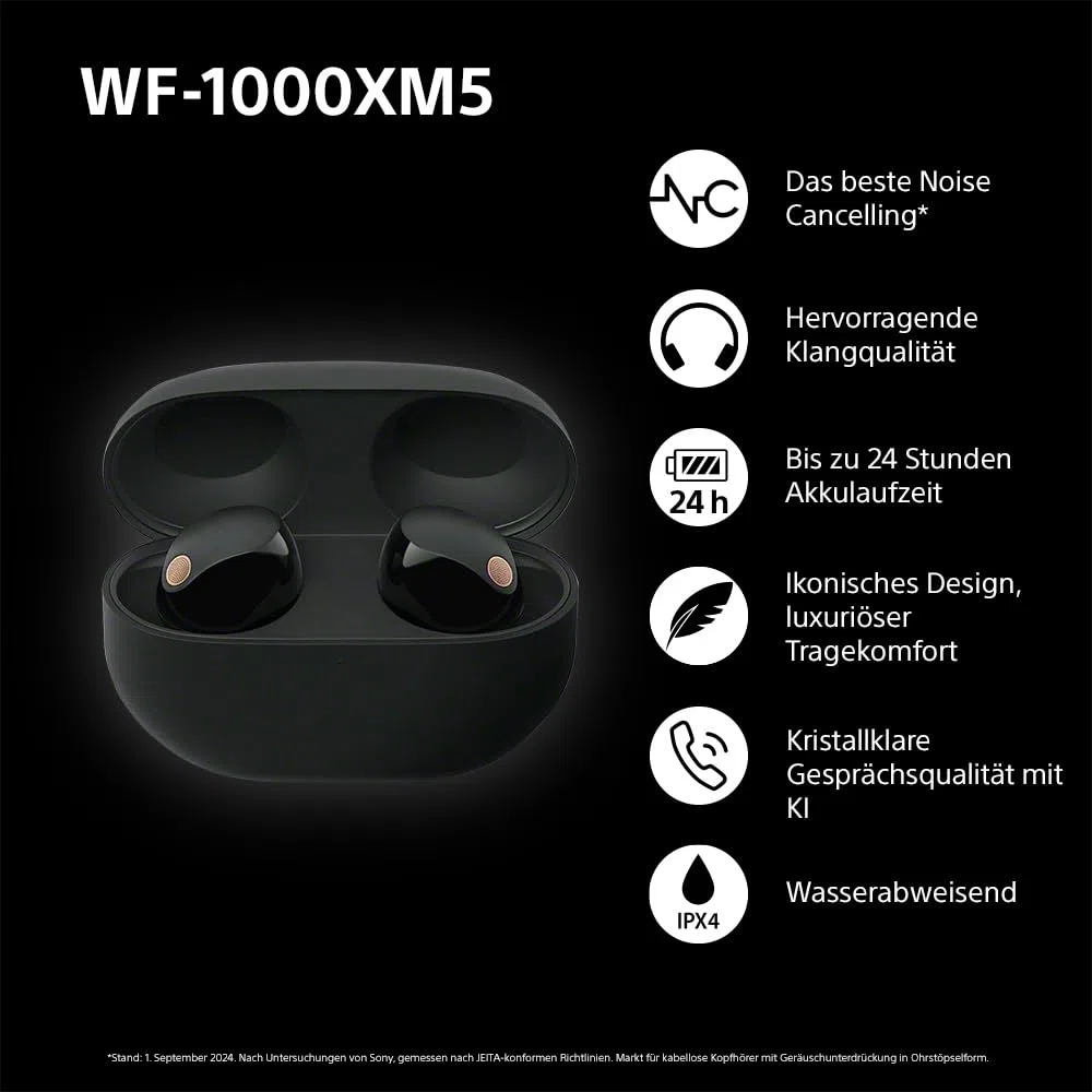 Sony WF-1000XM5 Kabellose Noise Cancelling Kopfhörer, Bluetooth, In-Ear-Kopfhörer, Mikrofon, bis zu 24 Stunden Akkulaufzeit, Schnellladefunktion, IPX4, iOS & Android kompatibel - Schwarz, klein