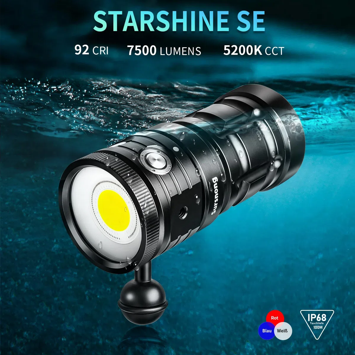 SE 8500 Lumens Tauchlampe - Professionelle Unterwasser-Videoleuchte mit 92 CRI, 5200K Weißes Licht, USB-C Aufladbar, für Tauchen/Unterwasserfotografie (IP68 Wasserdicht, 100m Tiefe)