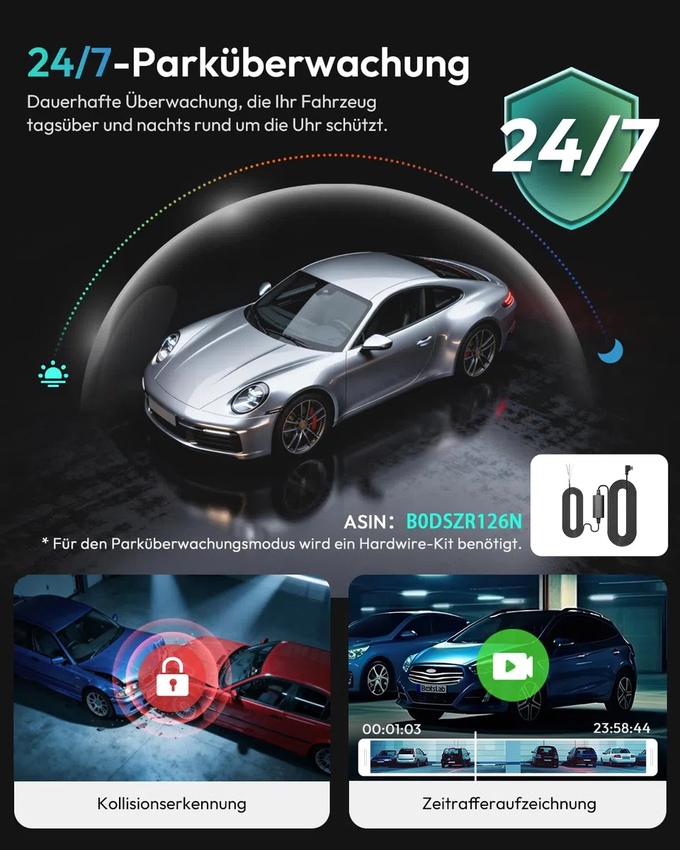 BOTSLAB Dashcam Auto Vorne Hinten 4K GPS WiFi Dual Autokamera 64GB SD Karte ADAS Nachtsicht 170° Weitwinkel WDR 2,45" IPS 24/7 Parküberwachung Loop-Aufnahme