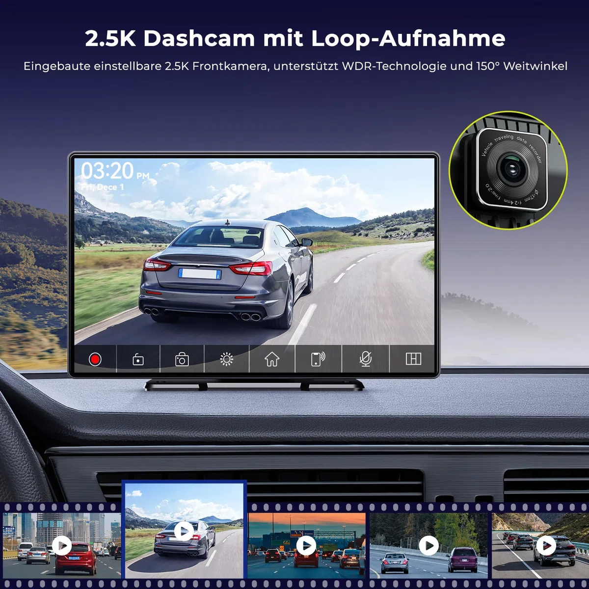LAMTTO 9 Zoll CarPlay Display Wireless Carplay Android Auto Tragbares Autoradio mit 2.5K Front Dashcam&rückfahrkamera,64GB TF-Karte Auto-Elektronik mit Siri/G00gle Navigation Mirror Link Bluetooth