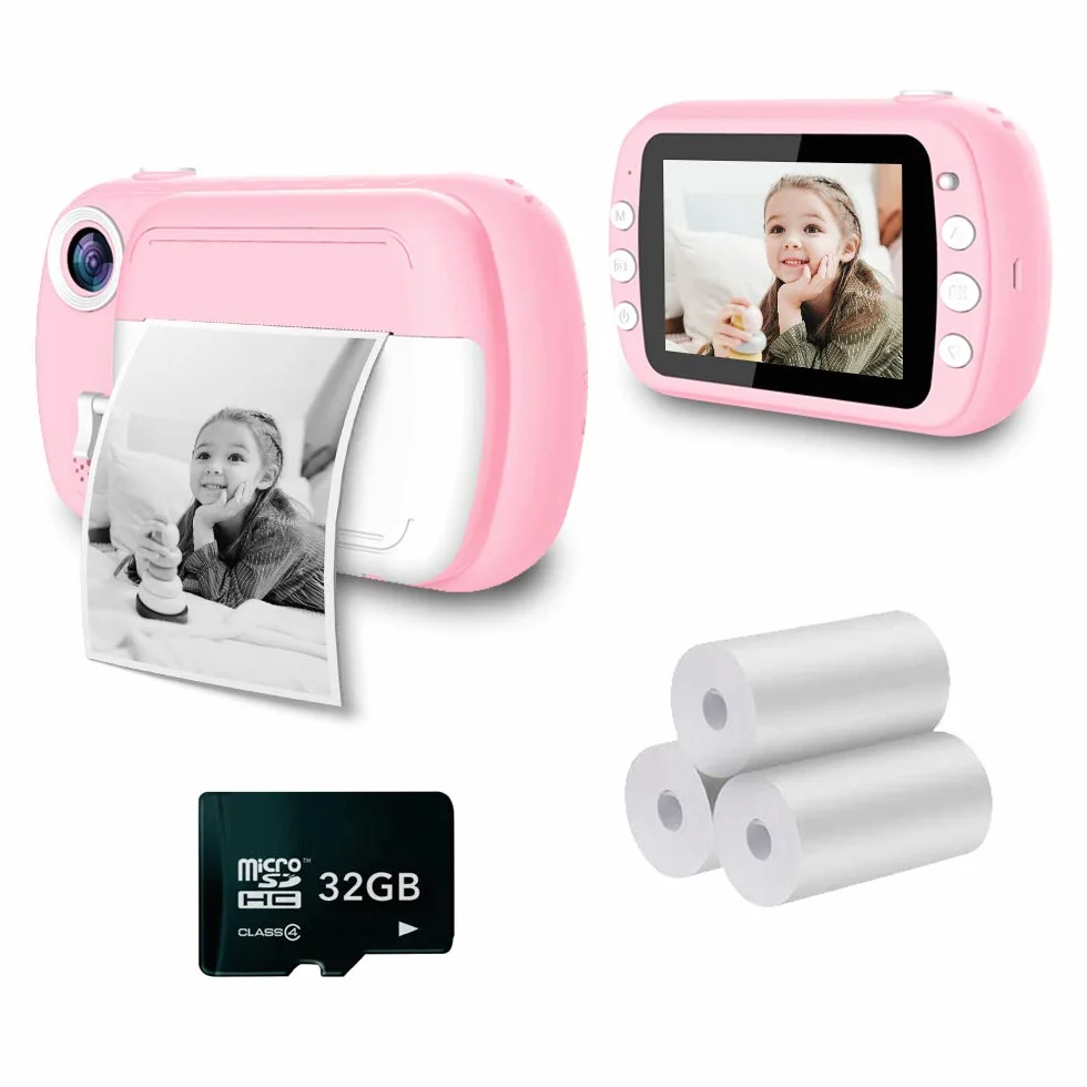 i-Paint P9 Sofortbildkamera für Kinder, 1080P Digitalkamera FHD, LCD 3,5 Zoll, Micro SD 32 GB, Rosa