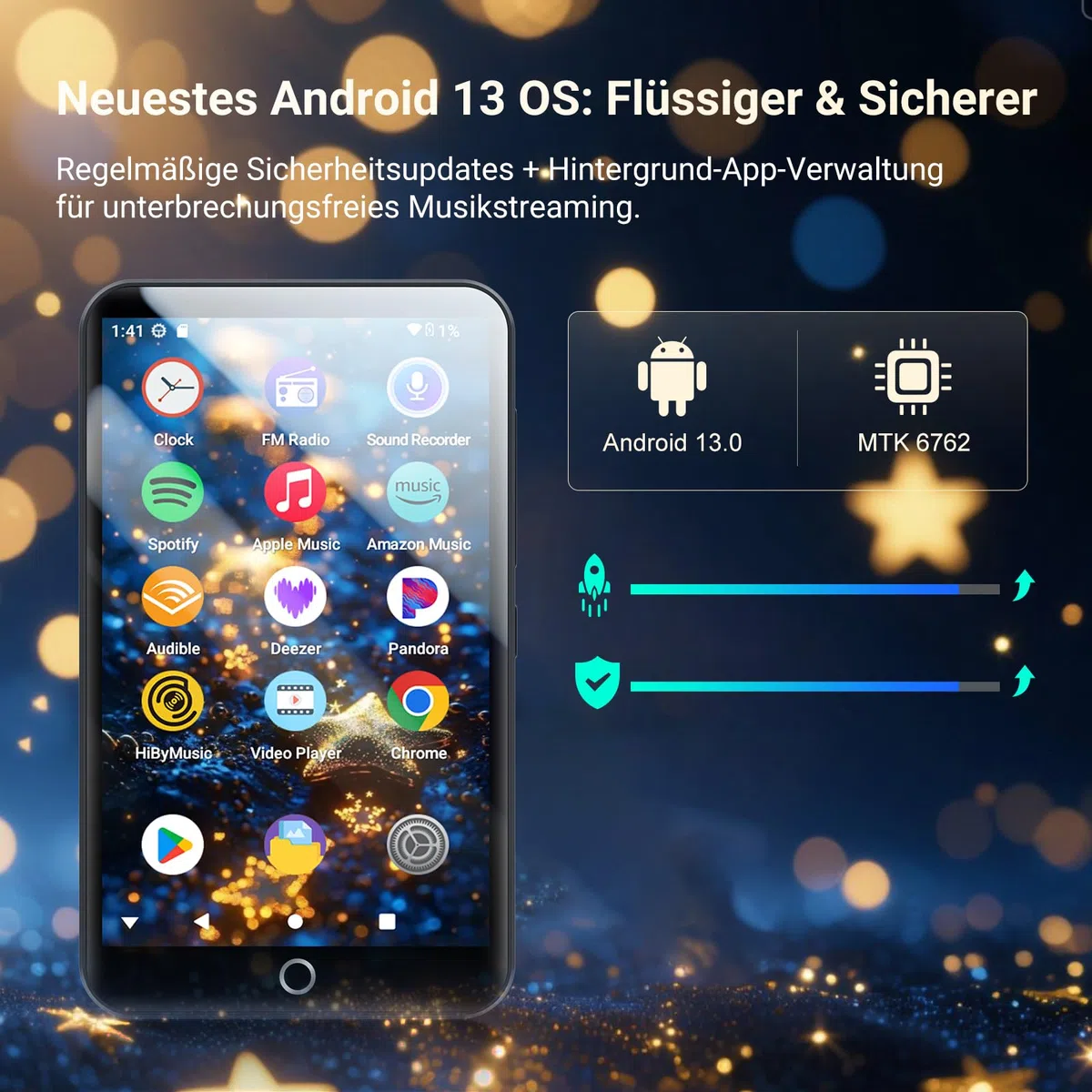 MECHEN 32GB MP3 Player Spotify mit WiFi Bluetooth, 4 Zoll Touchscreen, Android 13 MP4 Player, Audible Compatible, FM Radio, Amazon Music, Deezer, Pandora, Play Store (H10 Lite)