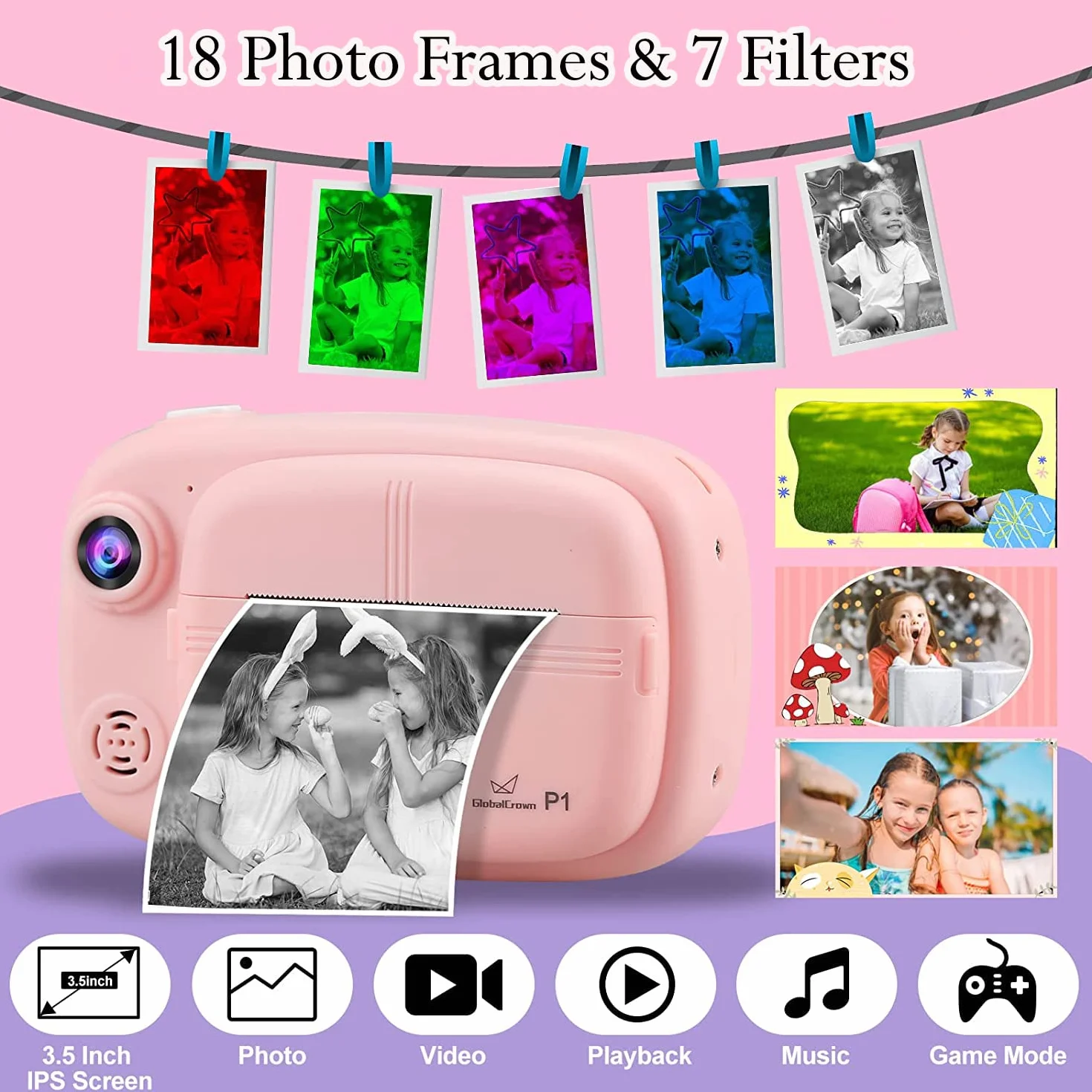 GlobalCrown Sofortbildkamera Kinder,Digitalkamera kinderkamera sofortbildkamera fotoapparat Kinder Kamera Geschenke für 3-12 Jahre Jungen Mädchen (einschließlich 4 Rollen Druckpapier und 32GB Karte)