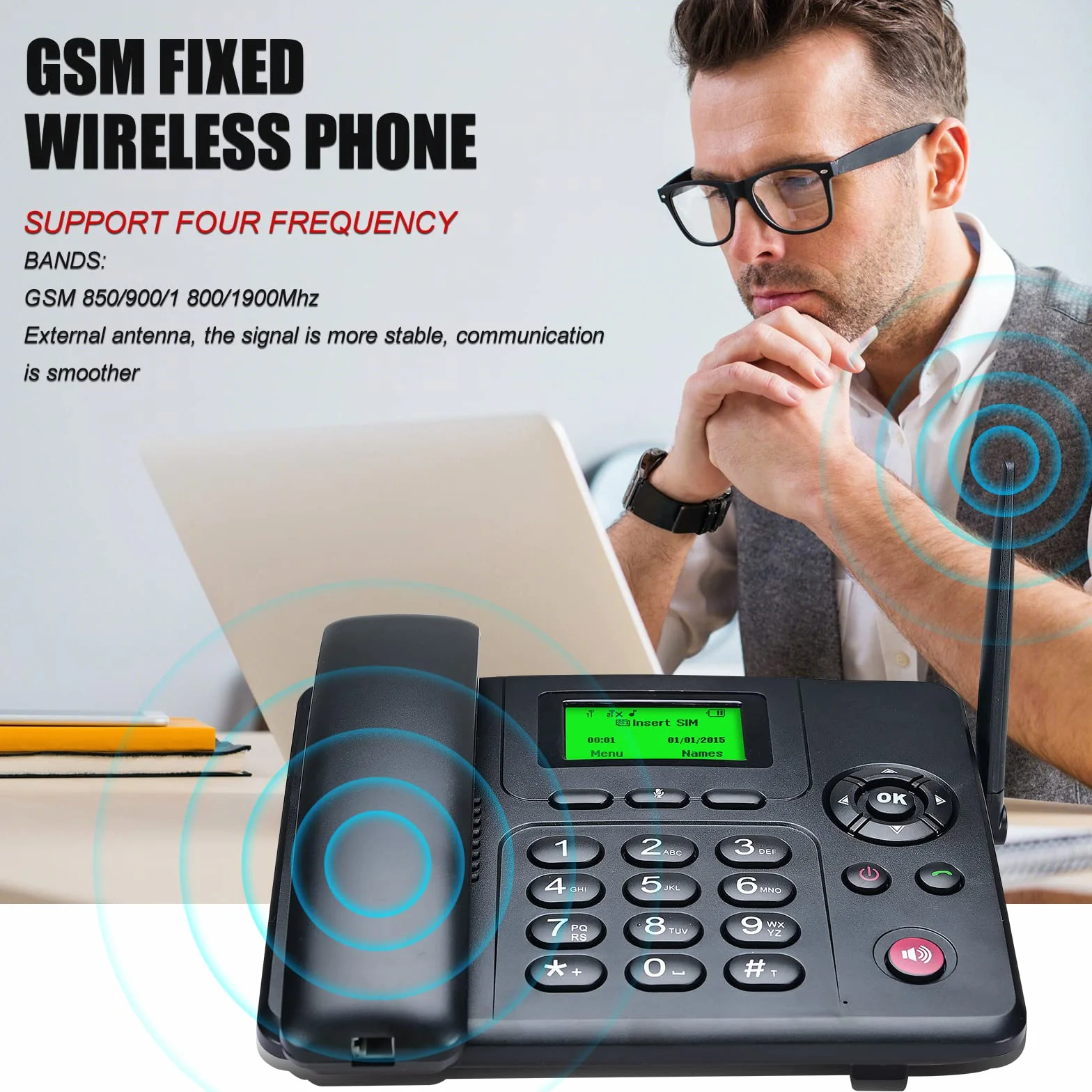 Lychee Quadband GSM Tischtelefon - Dual-SIM, Unterstützung für mehrere Sprachen(Einschließlich Deutsch),Großes Display mit Hintergrundbeleuchtung, Radiofunktion
