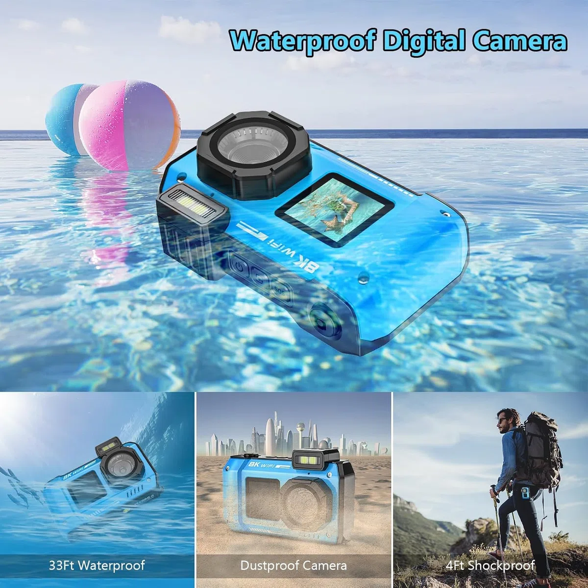 UHD 8K Unterwasserkamera, 70MP 33FT WiFi Wasserdichte Digitalkamera mit 64GB Karte, Autofokus Wasserdicht Dual-Screen Selfie 2500mAh Akku, 18X schwimmfähig Digital zum Schnorcheln, Blau