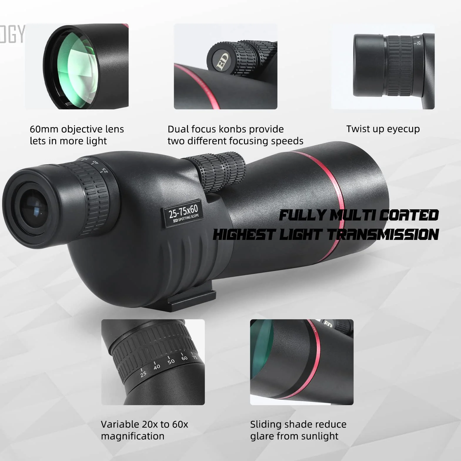 BOSSDUN Spektiv 25-75x60, HD Dual Focus Spektiv, BAK4 FMC ED Spektiv, Geschenke für Zielschießen Vogelbeobachtung Jagd Bogenschießen Wildtierbeobachtung mondbeobachtung
