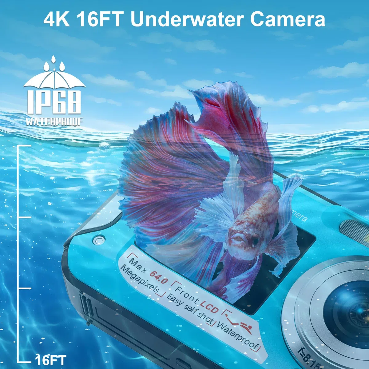 Unterwasserkamera, Yixinxin Digitalkamera wasserdichte UHD 4K 64MP Autofocus mit Einer 32GB Karte Selfie Doppelte Bildschirme wasserdichte Kamera zum Schnorcheln