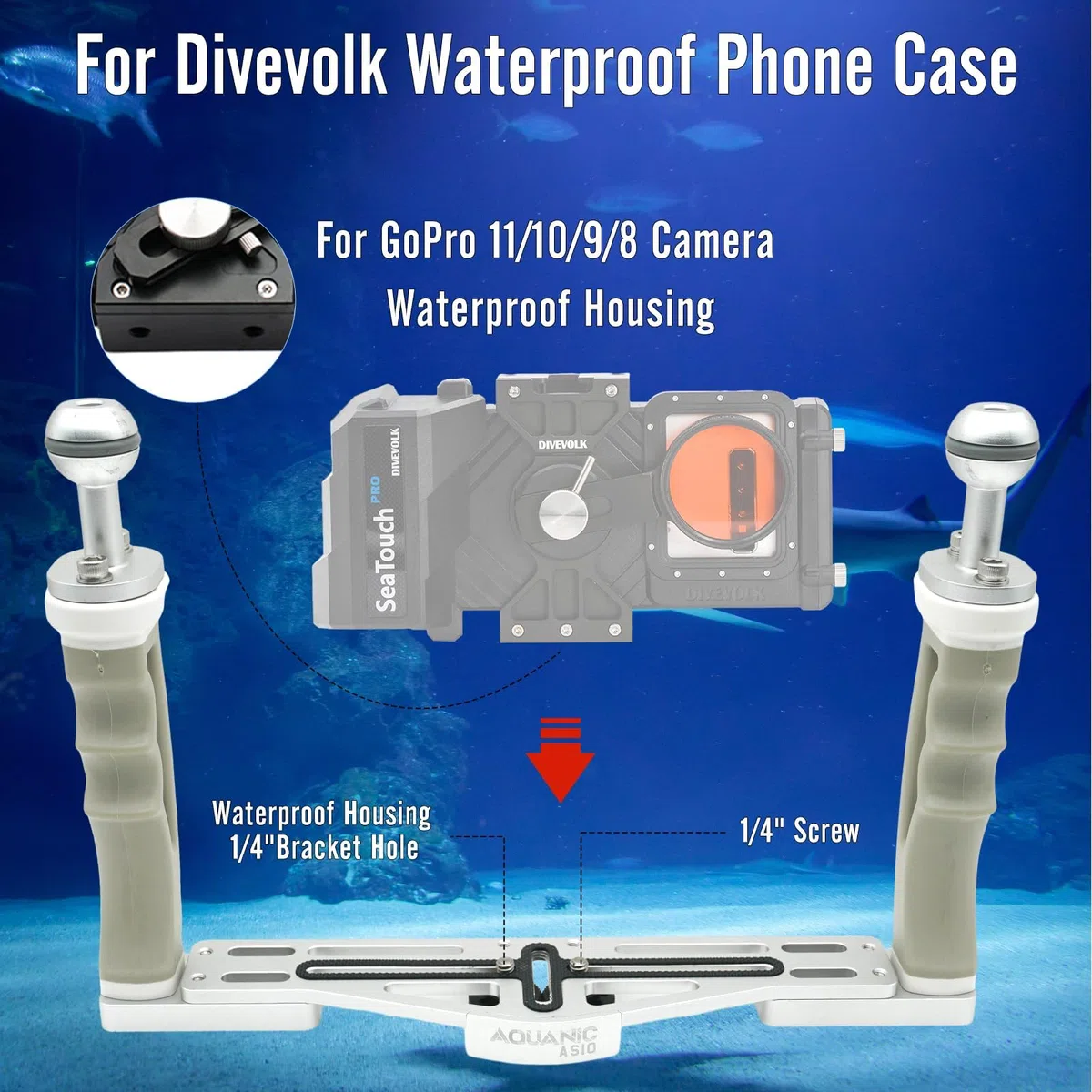 AQUANIC Unterwasser-Kamera-Tablett, Hand-Stabilisator, Halterung für Kameragehäuse, Griff aus Aluminium, Tauchgriff für GoPro Divevolk, TG-5/6, RX100 V und andere Action-Kameras (grau)