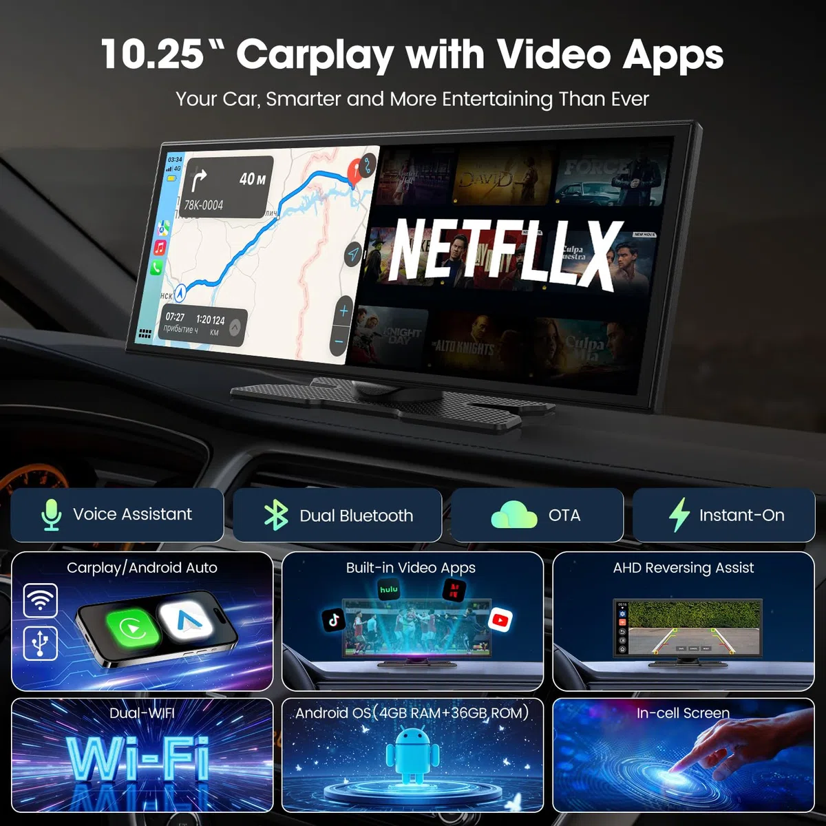 LAMTTO CarPlay Display 10,25" Android Auto Bildschirm mit Net-Flix YouTube | Wireless Apple CarPlay & Android Auto mit Rückfahrkamera, Dual-Bluetooth Navigation OTA-Updates Mirror Link Sprachassistent