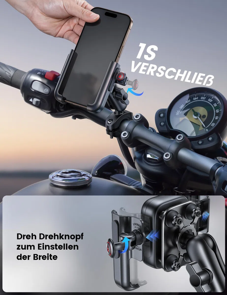 Lamicall Handyhalterung Motorrad, Handyhalter Fahrrad Lenker, Ganzmetall | [Ideal für Video] Vibrationsgedämpfte Handy Halterung Motorrad Halter mit Verlängerungsarm, für iPhone 17, Samsung, 7,2 Zoll