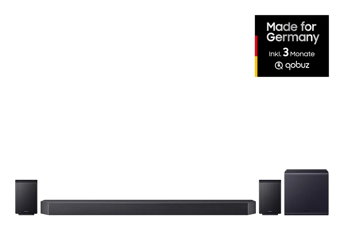 Samsung HW-Q995GH Q-Series 11.1.4-Kanal Surround-Soundbar für Fernseher, Kabelloser 8"-Dual-Subwoofer, 4.0.2-Kanal-Rücklautsprecher, Kabellos Dolby Atmos & DTS:X, SpaceFit Sound Pro, Q-Symphony, Alexa