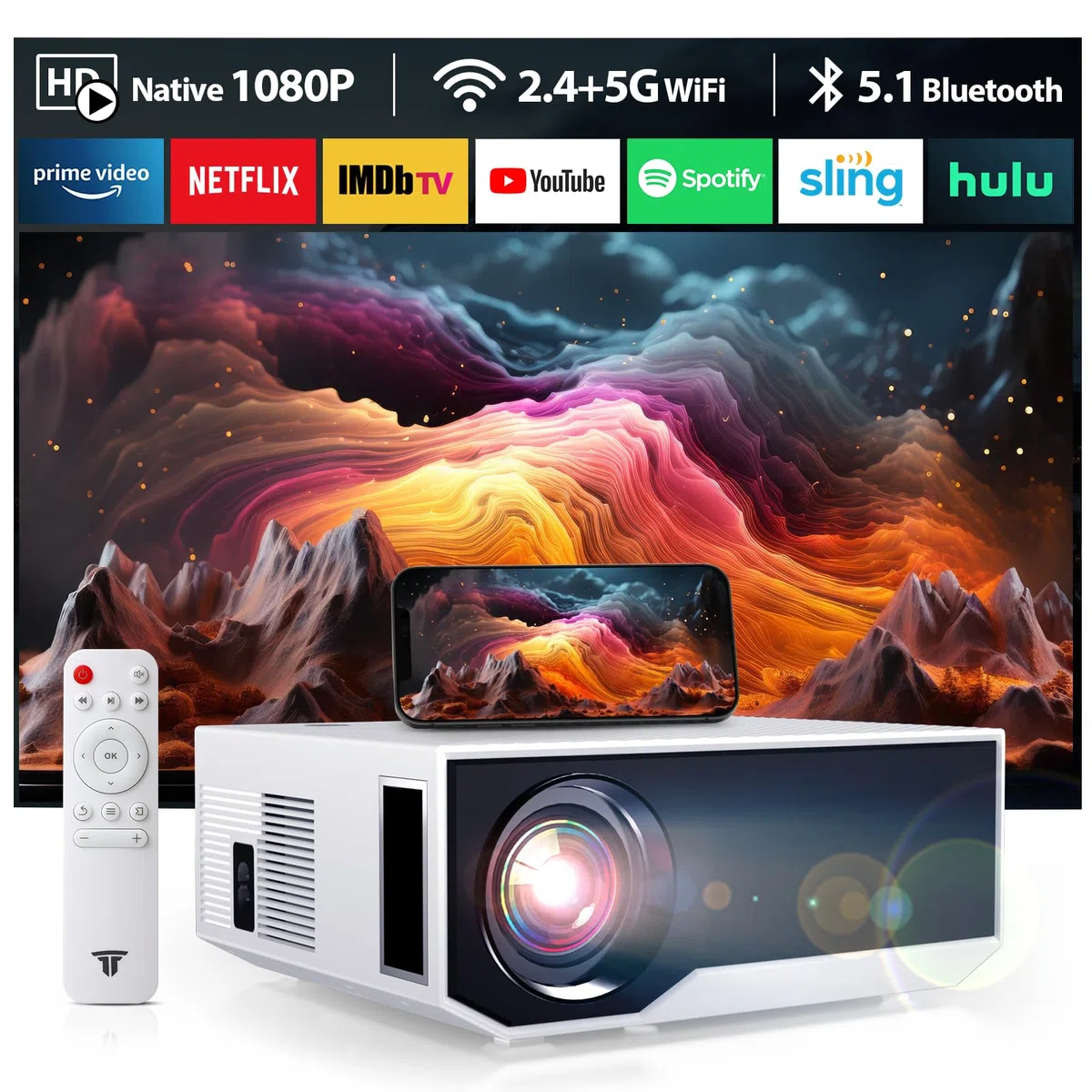 Neuer Beamer,4K-Unterstützung 5G WiFi projektor mit 20000 Lumen 300" Display Am Abend Outdoor Beamer Heimkino, kompatibel mit Smartphones/TV-Stick/PS5 /USB