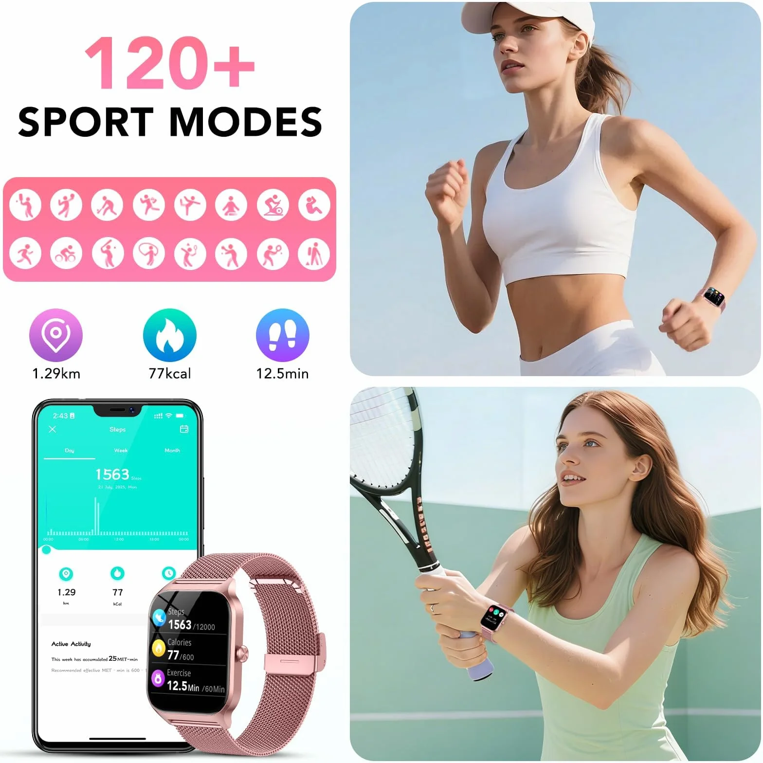 CASCHO Smartwatch Damen 1.85'' Telefonfunktion 120+ Sportmodi Fitnessuhr Herzfrequenz SpO2 Schrittzähler Schlafmonitor IP68 Wasserdicht Fitness Tracker iOS Android Roségold