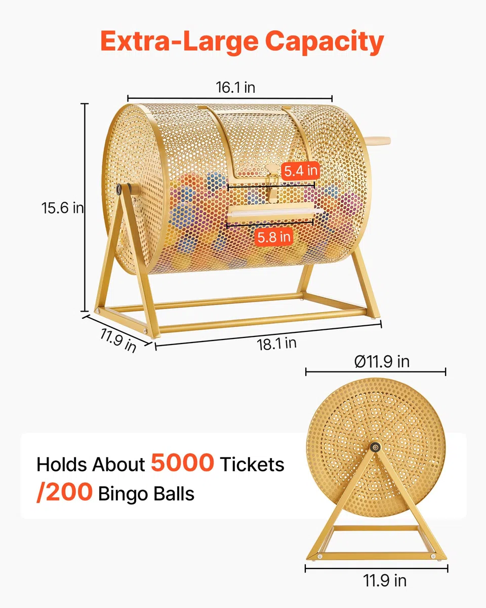 VEVOR Tombola Trommel, 410xØ302 mm, Lostrommel mit Fassungsvermögen von 5000 Lose oder 200 Lotteriebälle, Gewinnspieltrommel mit Kurbel & Dreiecksständer, für Veranstaltungen & Feiern, Gold