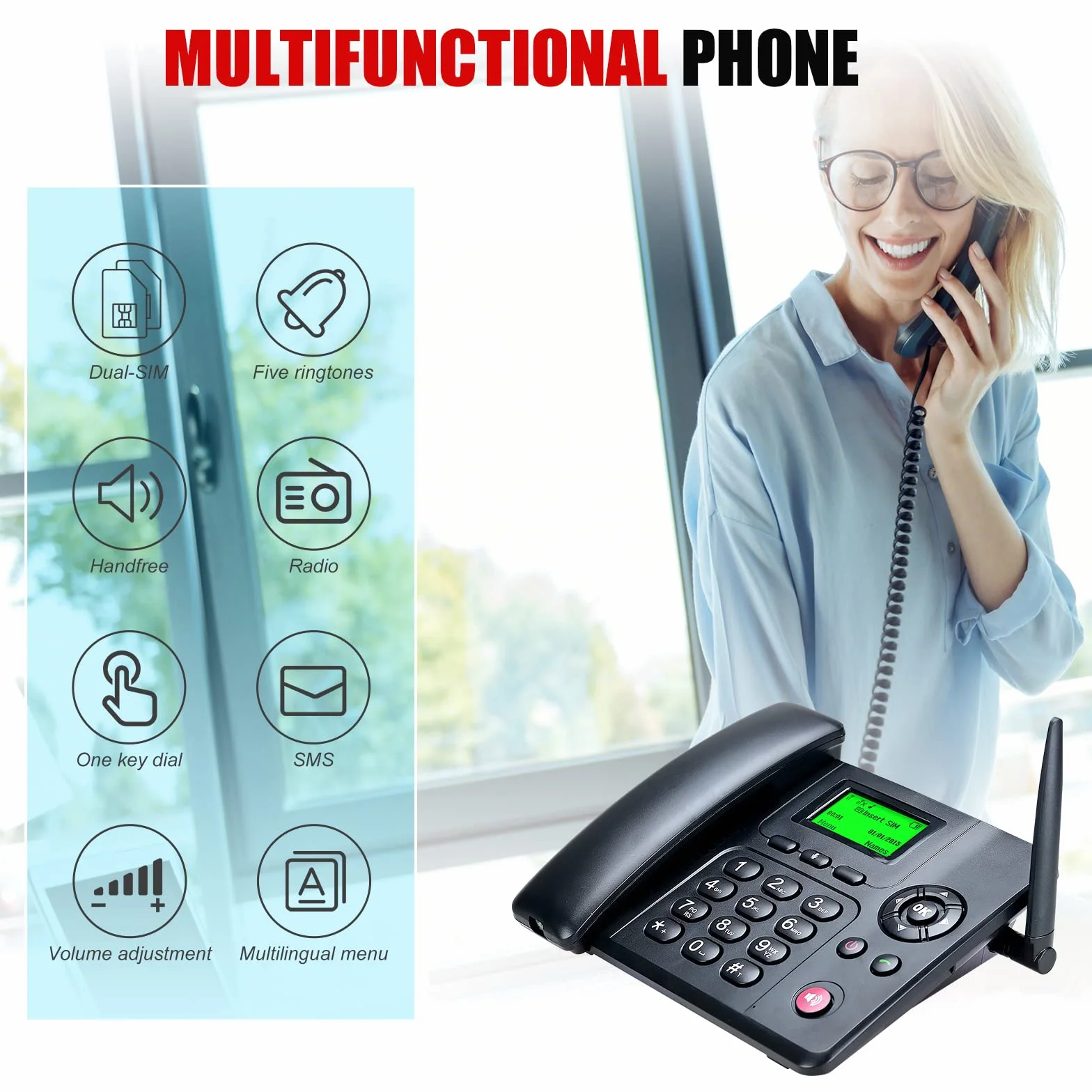 Lychee Quadband GSM Tischtelefon - Dual-SIM, Unterstützung für mehrere Sprachen(Einschließlich Deutsch),Großes Display mit Hintergrundbeleuchtung, Radiofunktion