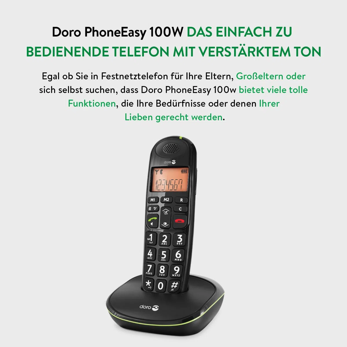 DORO - Doro PhoneEasy 100w - Schnurloses Festnetztelefon - Große Displayanzeige - Extra große Tasten - Freisprechfunktion - Lauter Klingelton - Lautstärkeregler - Schwarz