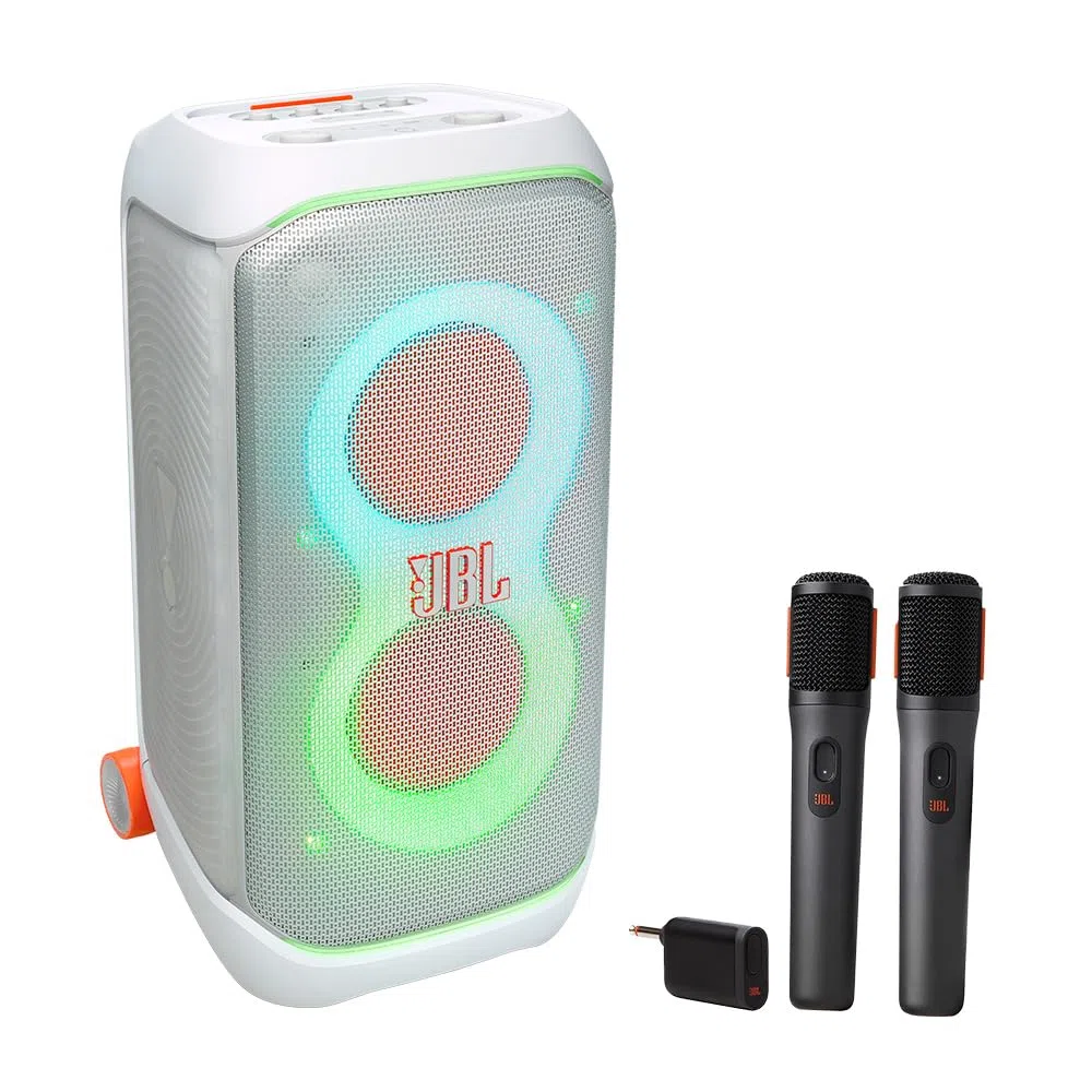 JBL PartyBox Stage 320 Tragbares Party-Lautsprecher-Bundle mit kabellosem Mikrofonsystem (weiß)