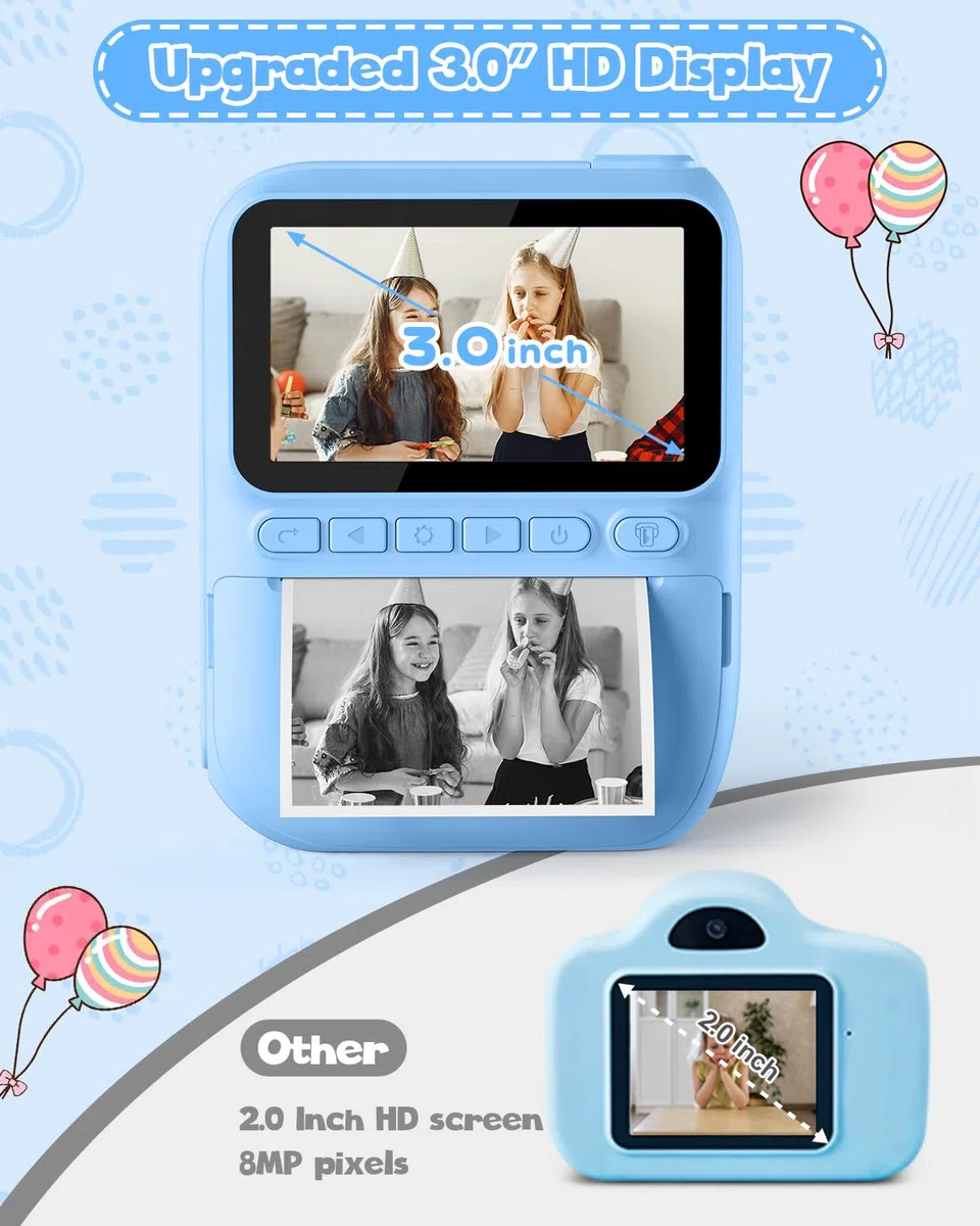 Kinderkamera Sofortbildkamera 3,0 Zoll 1080P Digitalkamera mit Druckerpapier & 32GB Karte für 3-10 Jahre Blau