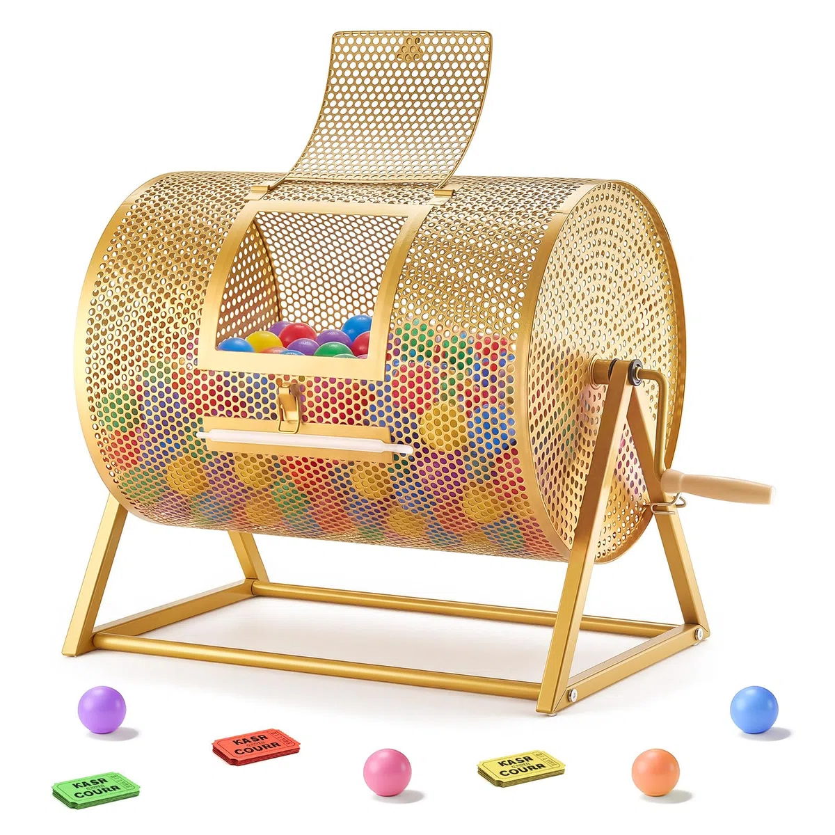 VEVOR Tombola Trommel, 410xØ302 mm, Lostrommel mit Fassungsvermögen von 5000 Lose oder 200 Lotteriebälle, Gewinnspieltrommel mit Kurbel & Dreiecksständer, für Veranstaltungen & Feiern, Gold
